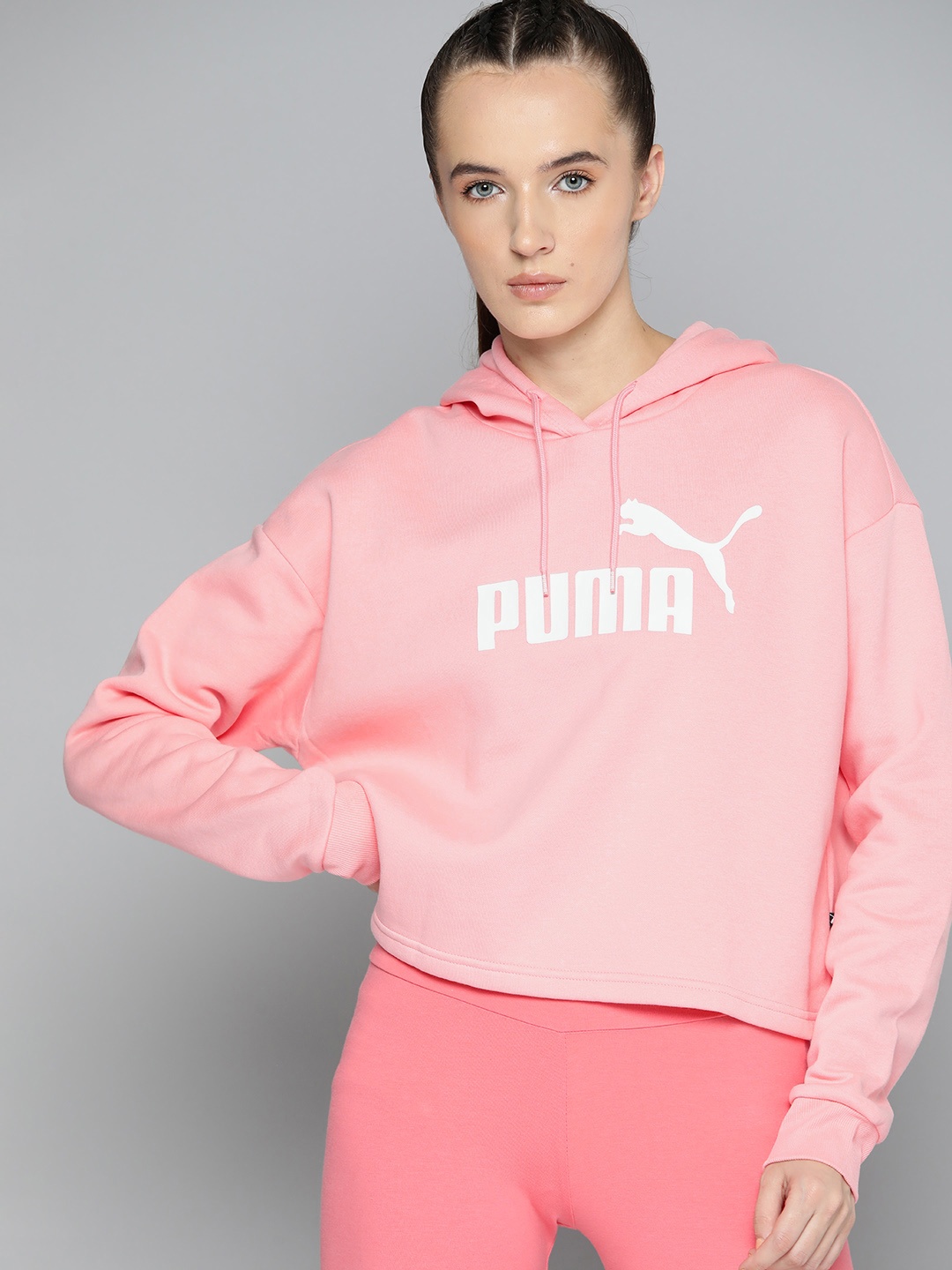 

Puma Essentials Cropped Brand Logo Print Hooded Sweatshirt, Pink