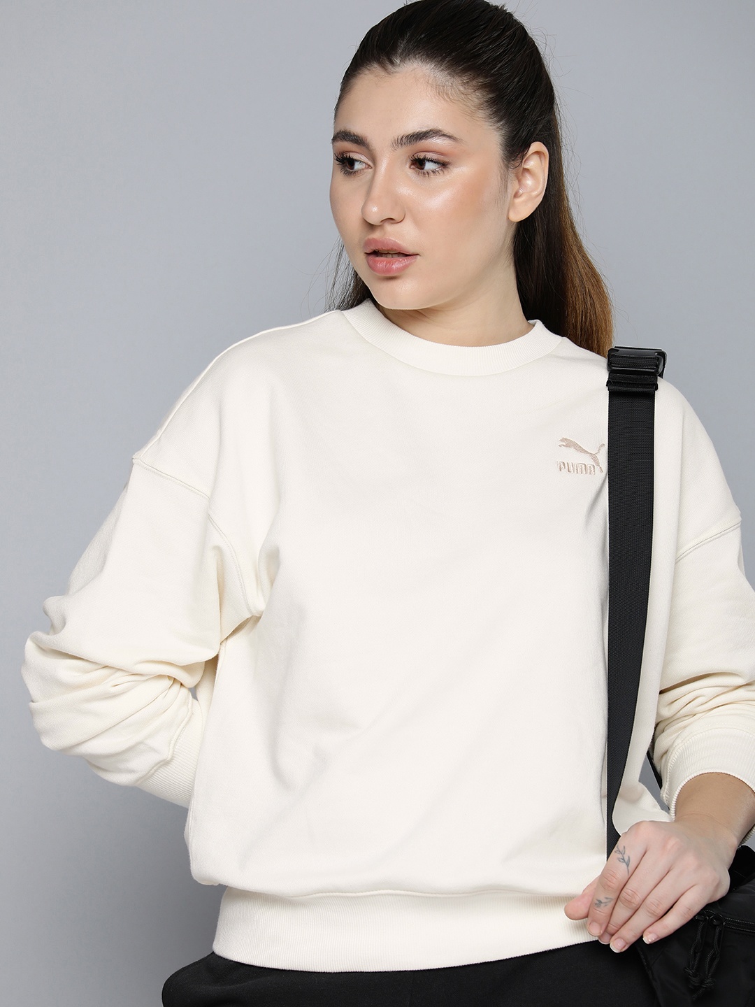 Puma Pure Cotton Drop Shoulder Sleeves Oversized Sweatshirt, Cream