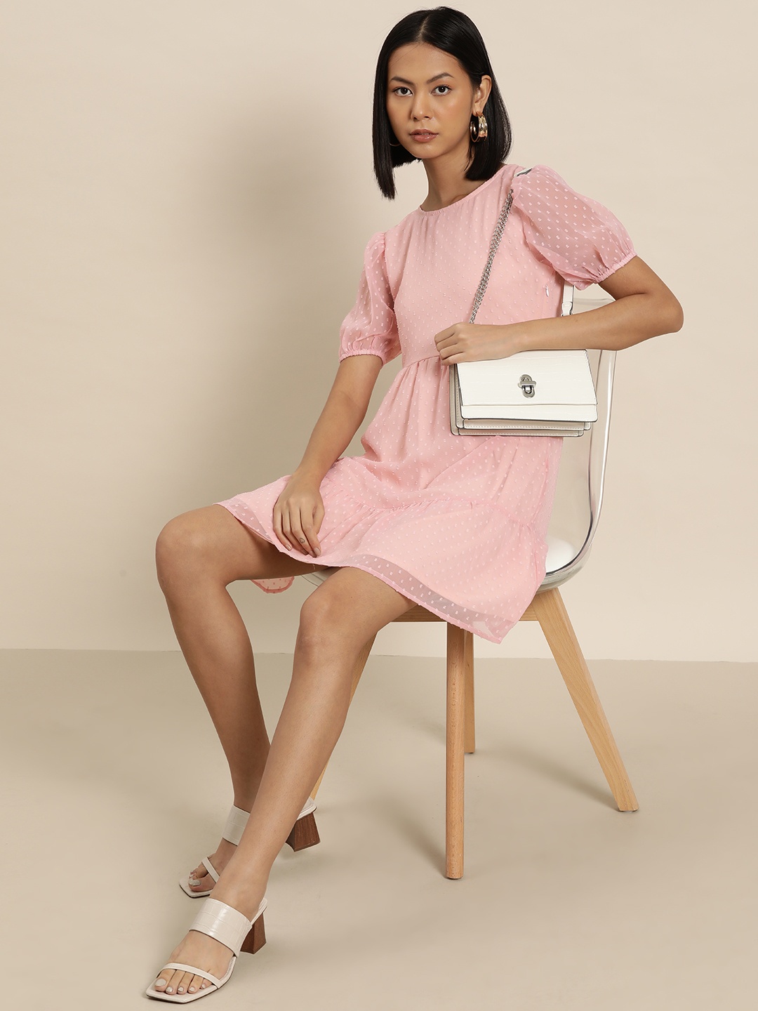 

INVICTUS Puff Sleeve Georgette A-Line Dress, Pink