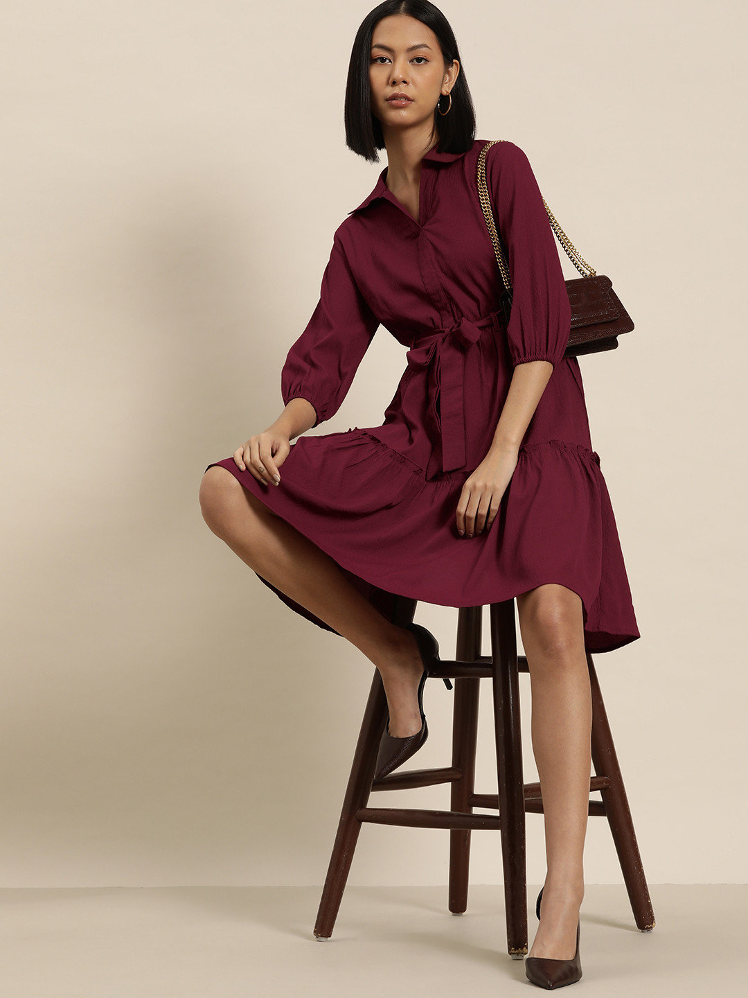 

INVICTUS Solid Crepe Shirt Dress, Maroon