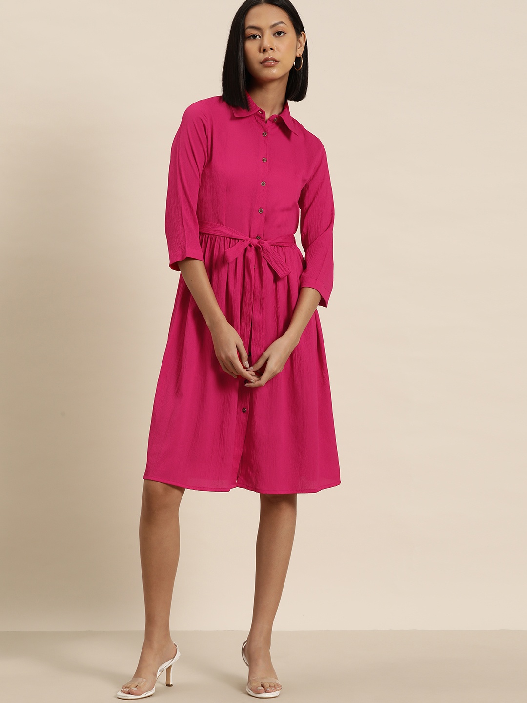 

INVICTUS Solid Crepe Shirt Dress, Magenta