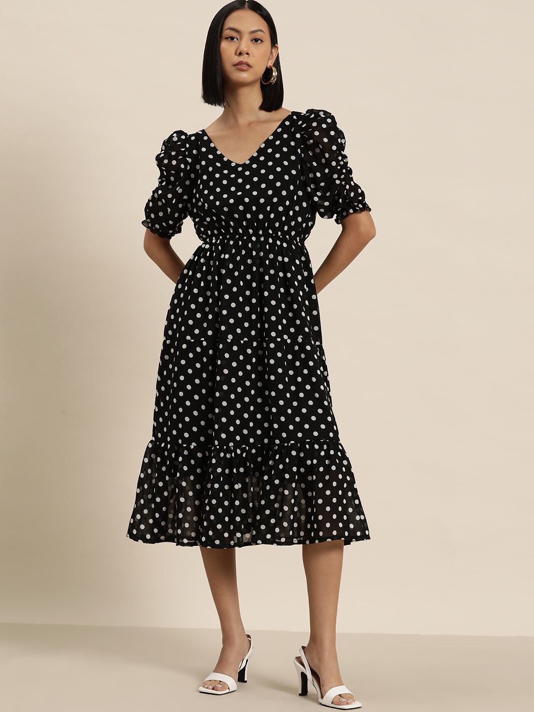 

INVICTUS Polka Dot Print Puff Sleeve Georgette A-Line Midi Dress, Black