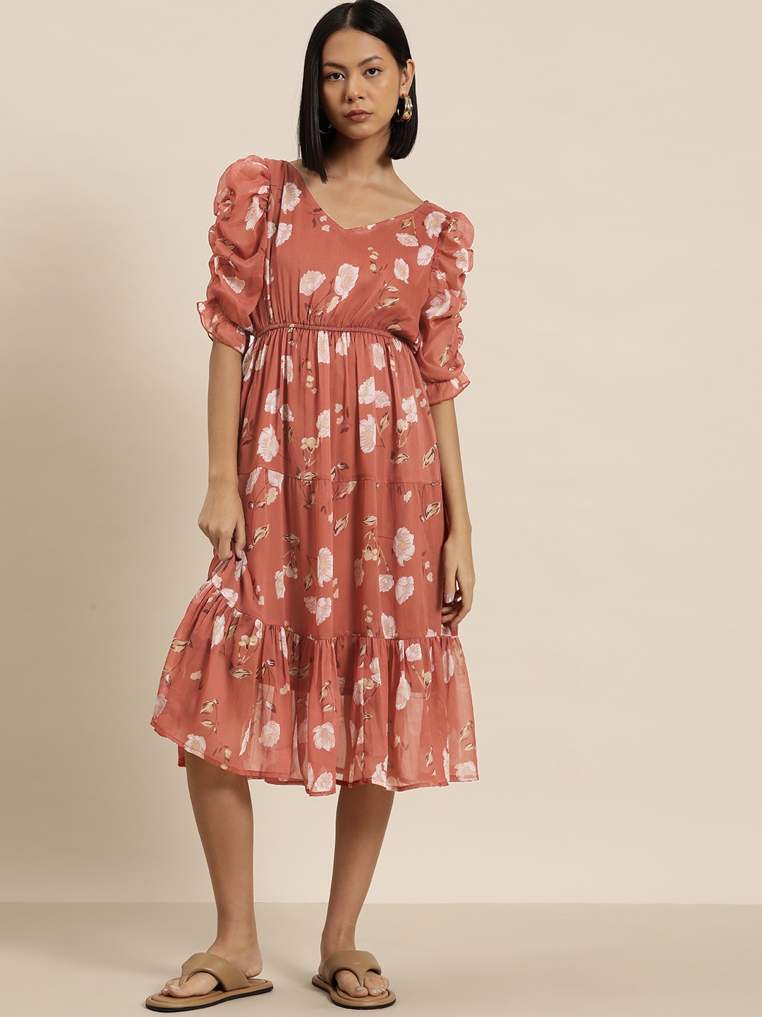 

INVICTUS Floral Print Puff Sleeve Chiffon A-Line Midi Dress, Rust