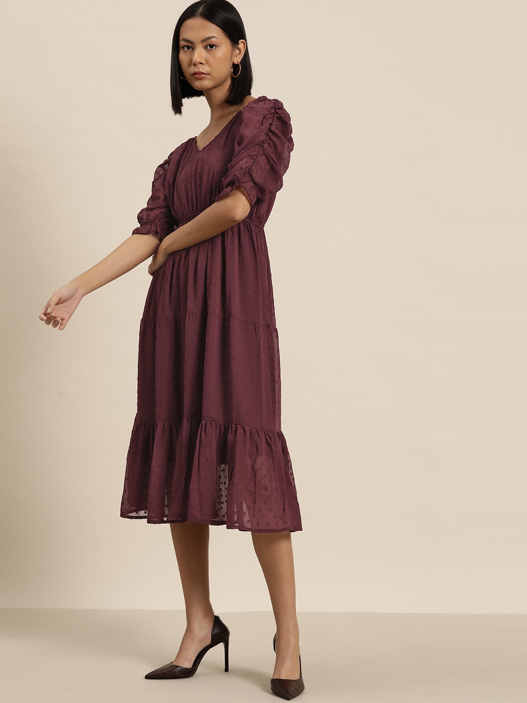 

INVICTUS Puff Sleeve Georgette A-Line Midi Dress, Brown
