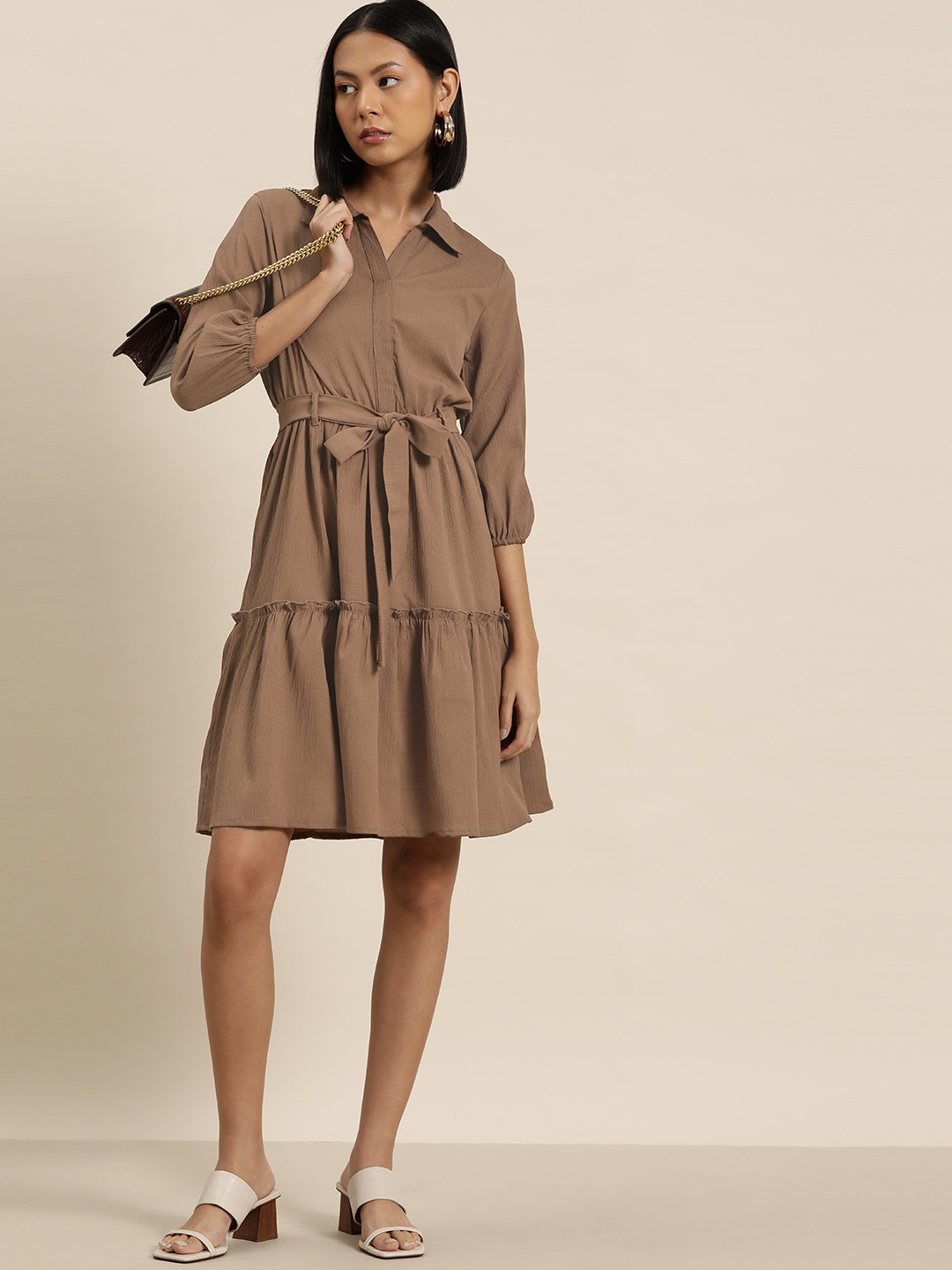 

INVICTUS Solid Crepe Shirt Dress, Nude
