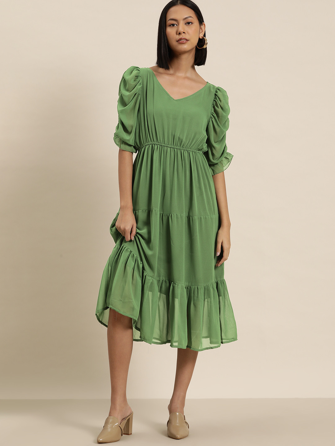 

INVICTUS Printed Puff Sleeve Georgette A-Line Midi Dress, Green