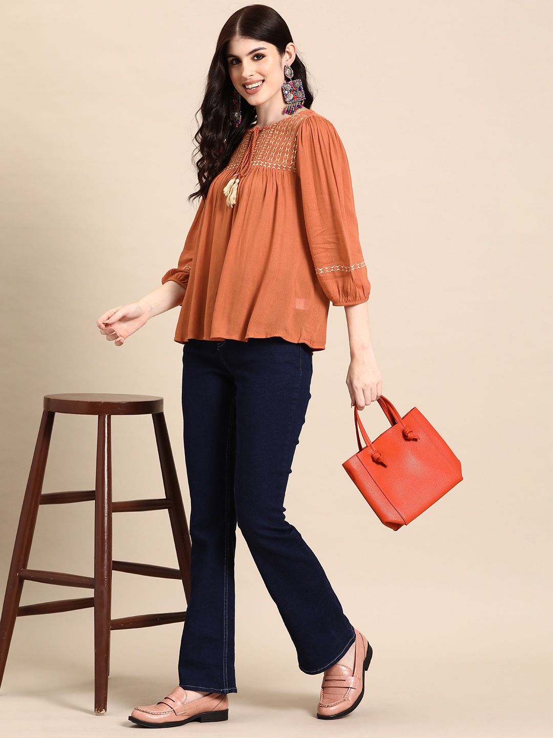 

Sangria Geometric Embroidered Tie-Up Neck Puff Sleeve Top, Orange