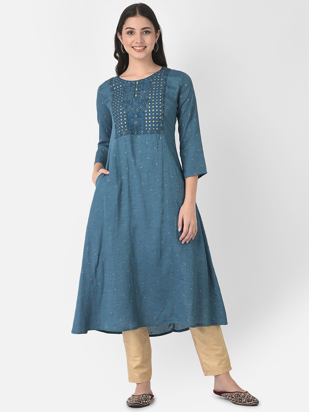 

Span Ethnic Printed Round Neck Sequinned Silk Anarkali Kurta, Navy blue