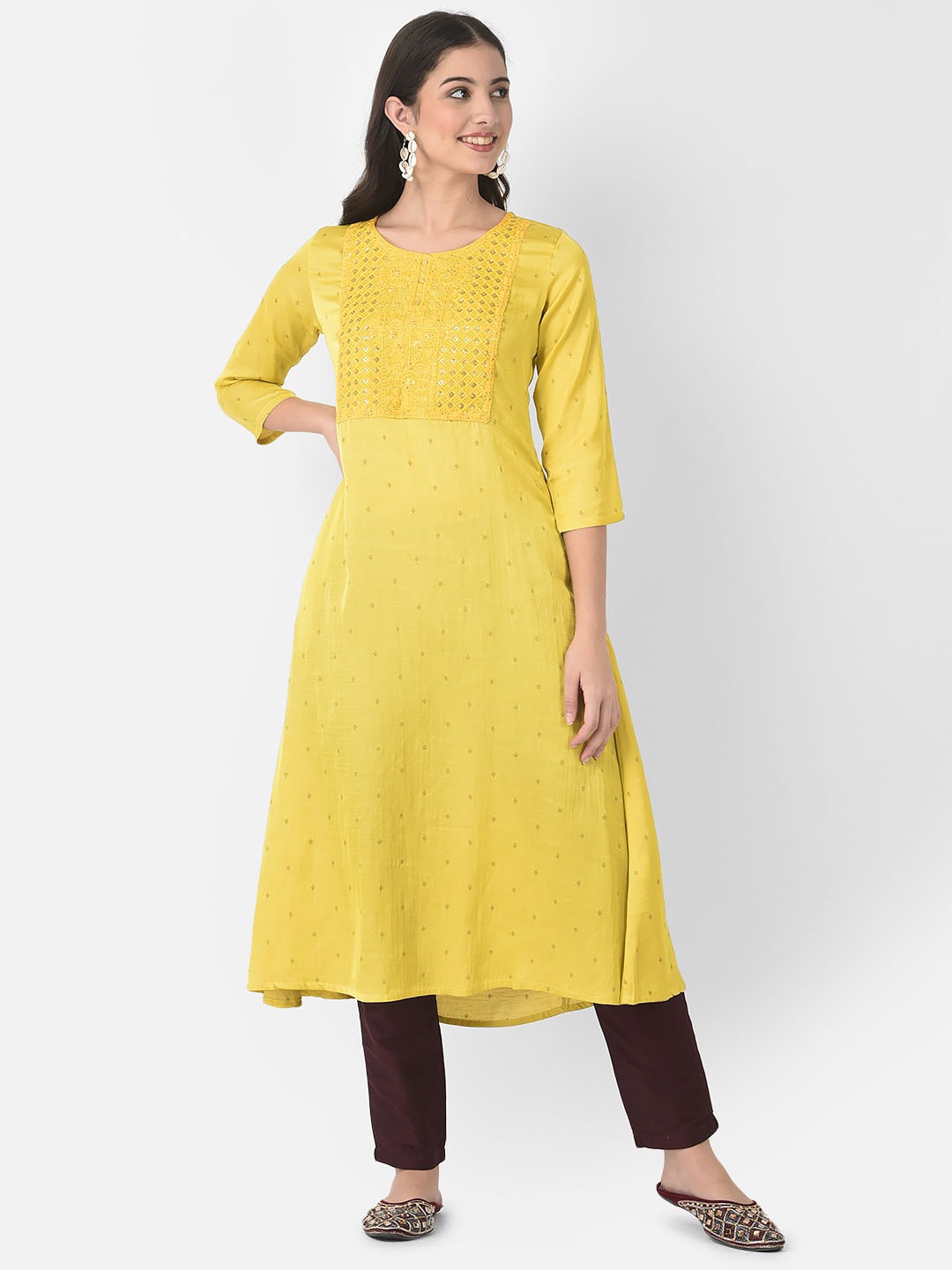 

Span Floral Embroidered Sequins A-Line Kurta, Yellow