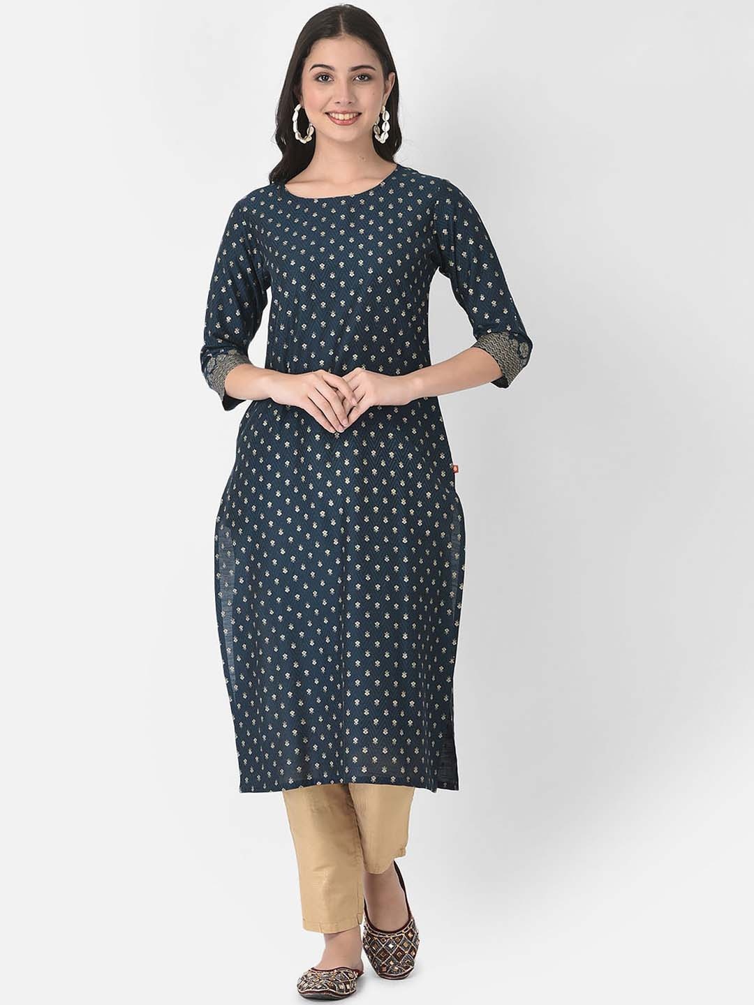 Span Ethnic Motifs Printed Round Neck Cotton Straight Kurta, Navy blue
