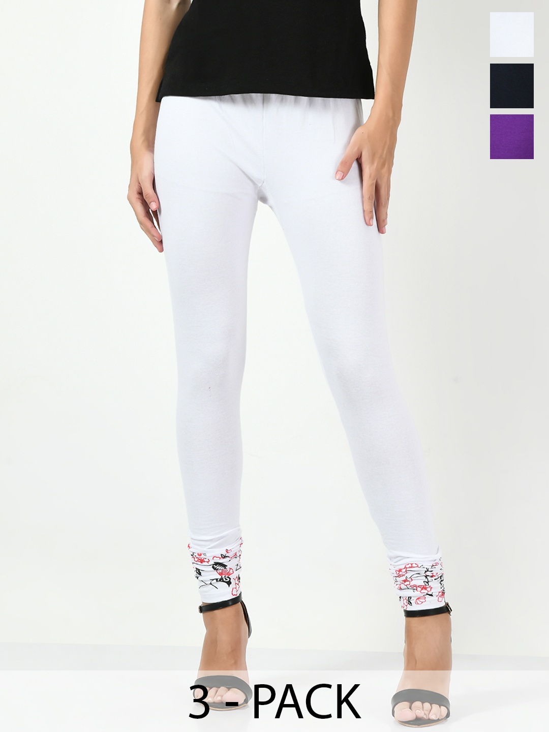 

BAESD Pack Of 3 Printed Slim-Fit Soft Churidar-Length Leggings, White