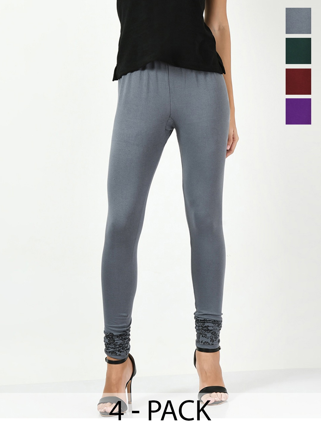 

BAESD Women Pack Of 4 Printed Churidar-Length Leggings, Grey