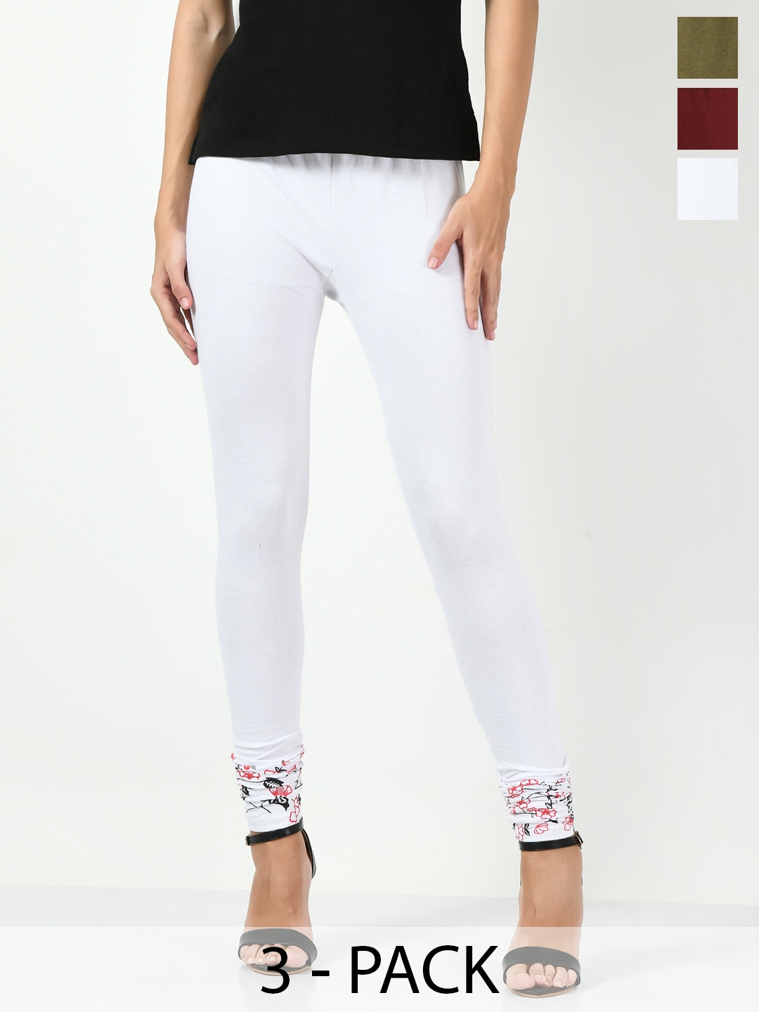 

BAESD Pack Of 3 Printed Churidar-Length Leggings, White