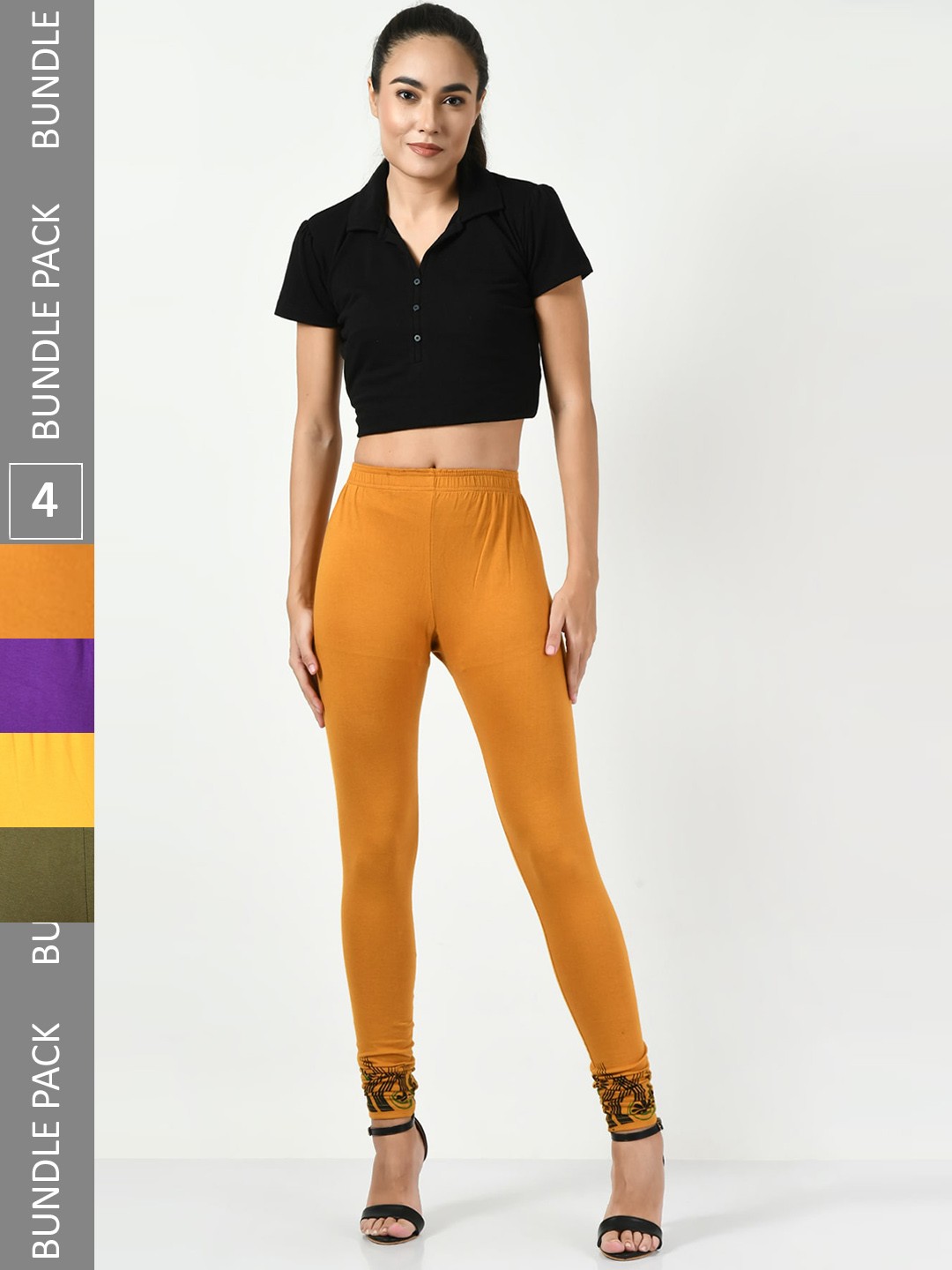 

BAESD Pack Of 4 Churidar-Length Cotton Lycra Leggings, Mustard