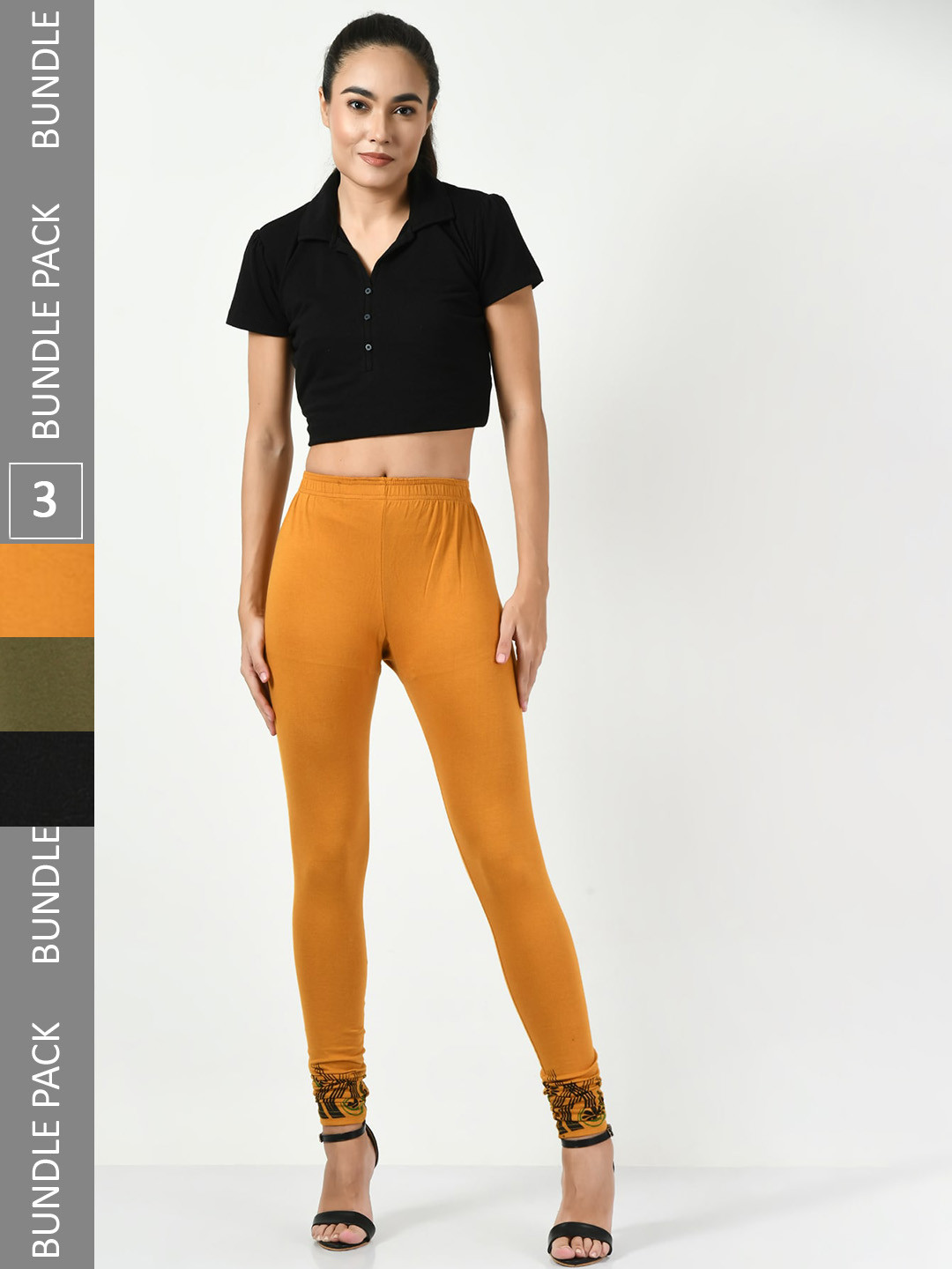 

BAESD Pack Of 3 Churidar Length Cotton Lycra Leggings, Mustard