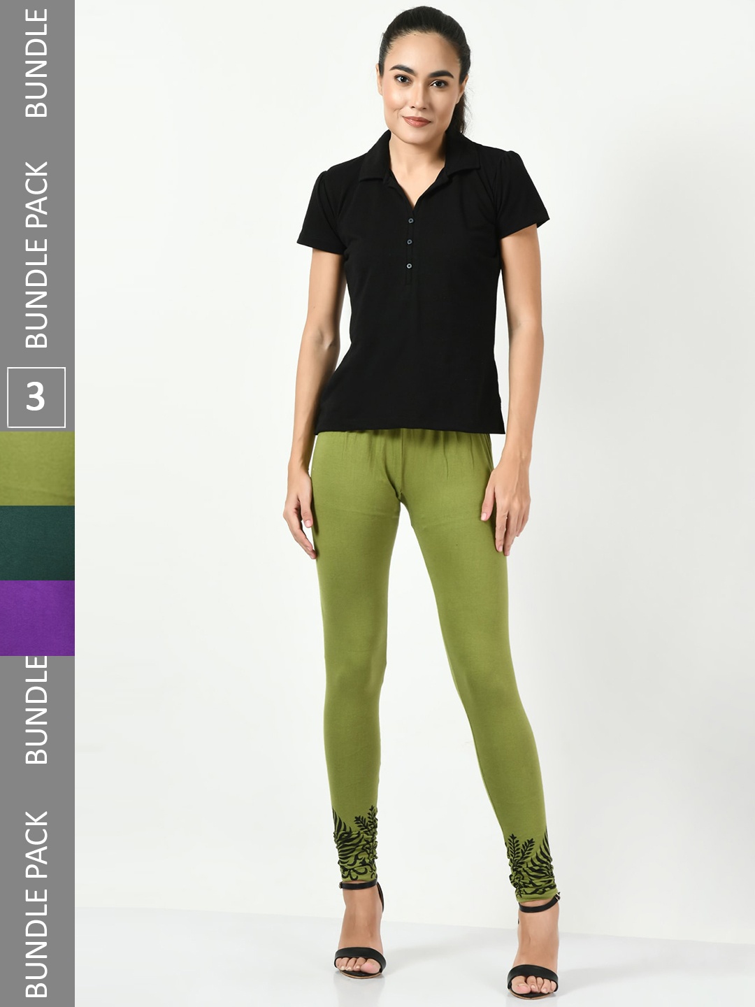 

BAESD Pack Of 3 Printed Slim-Fit Soft Churidar-Length Leggings, Olive