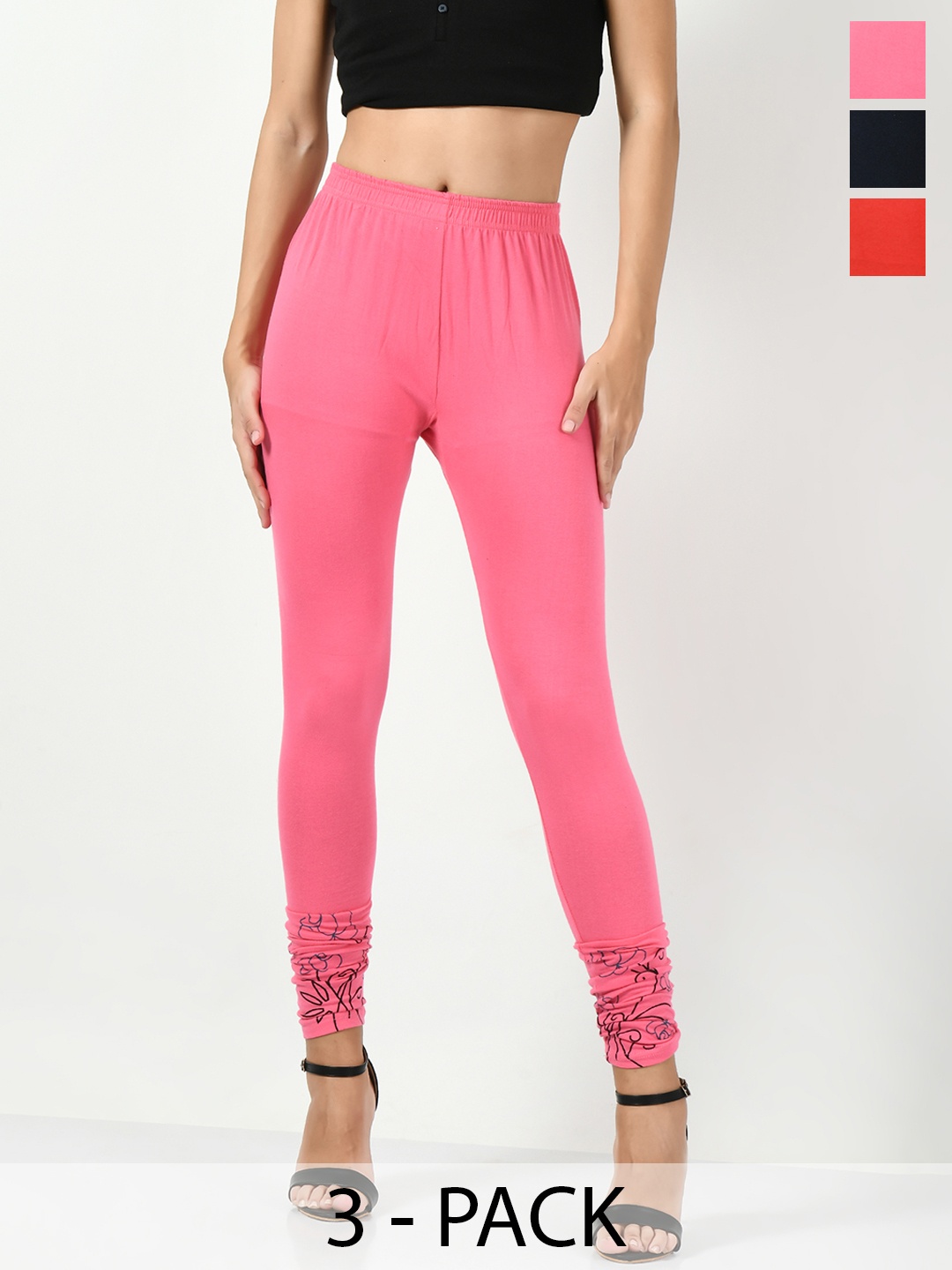 

BAESD Pack Of 3 Churidar Length Soft Cotton Lycra Leggings, Pink