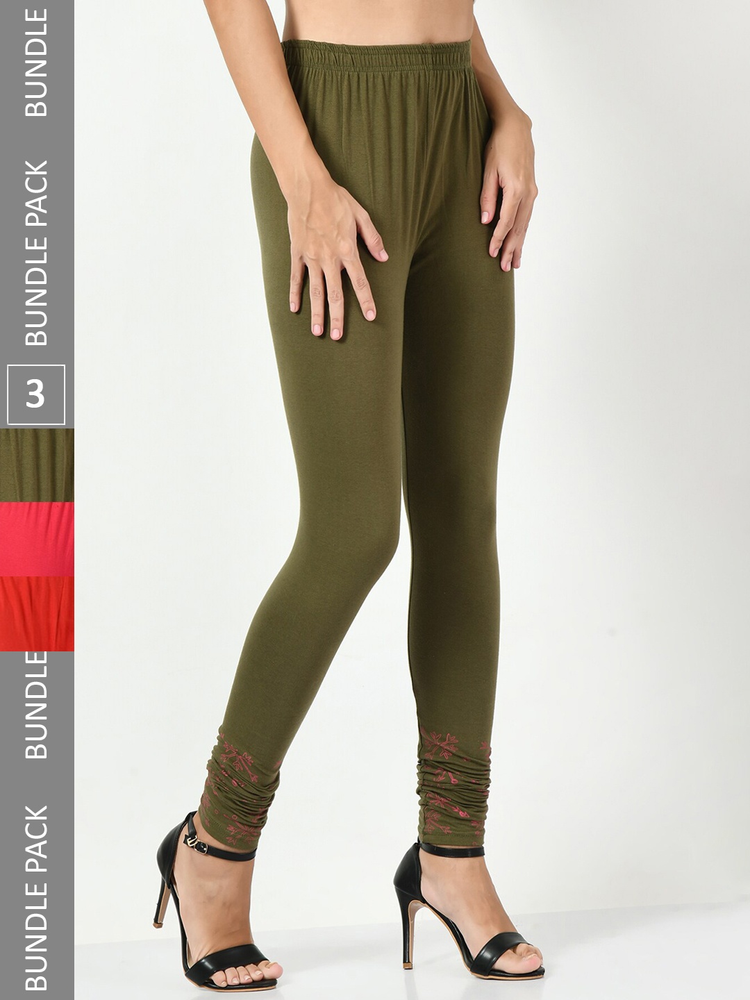 

BAESD Pack Of 3 Bottom Printed Churidar Length Leggings, Olive