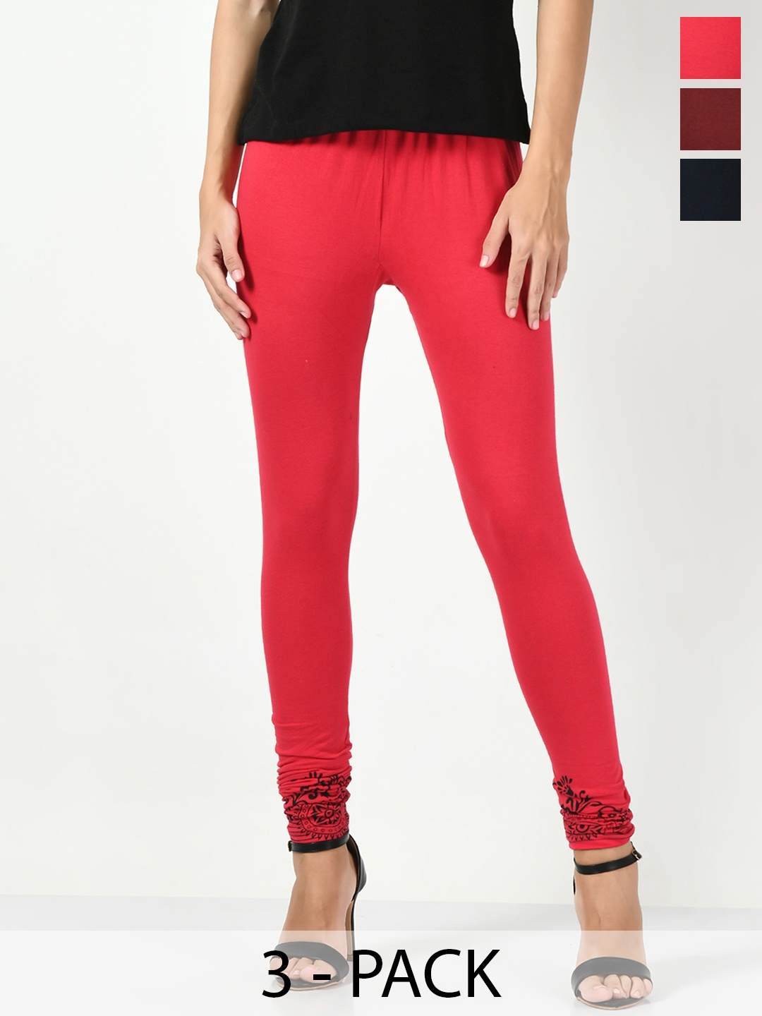 

BAESD Pack Of 3 Printed Slim-Fit Churidar-length Leggings, Fuchsia