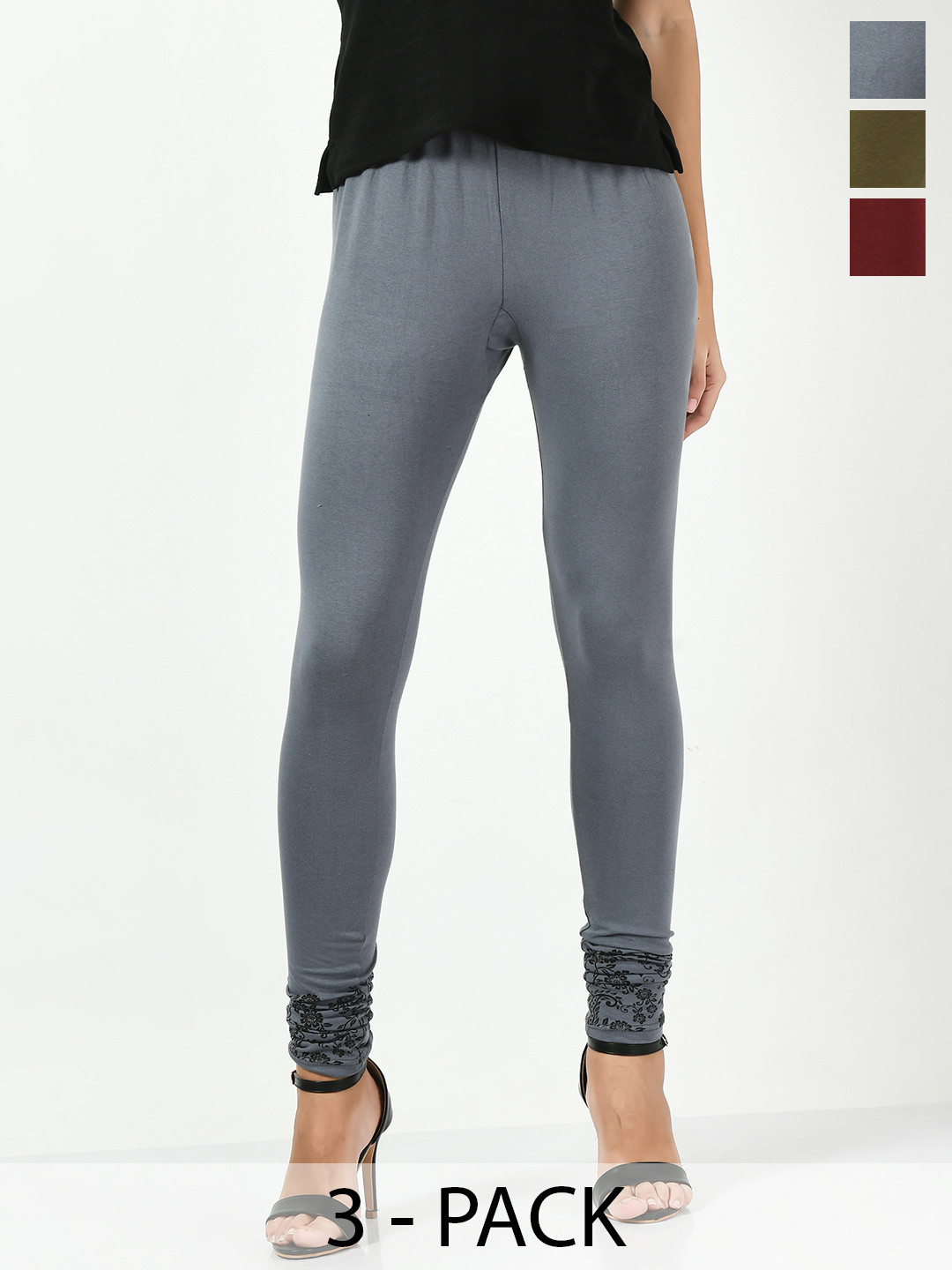 

BAESD Pack Of 3 Bottom Printed Slim-Fit Cotton Lycra Churidar Length Leggings, Grey