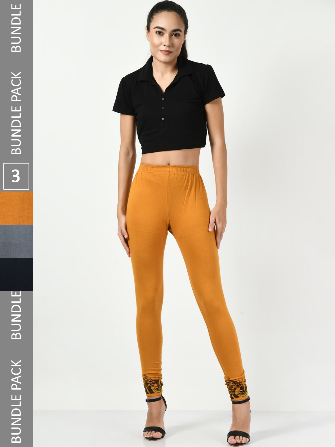 

BAESD Pack Of 3 Printed Slim-Fit Churidar-Length Leggings, Mustard