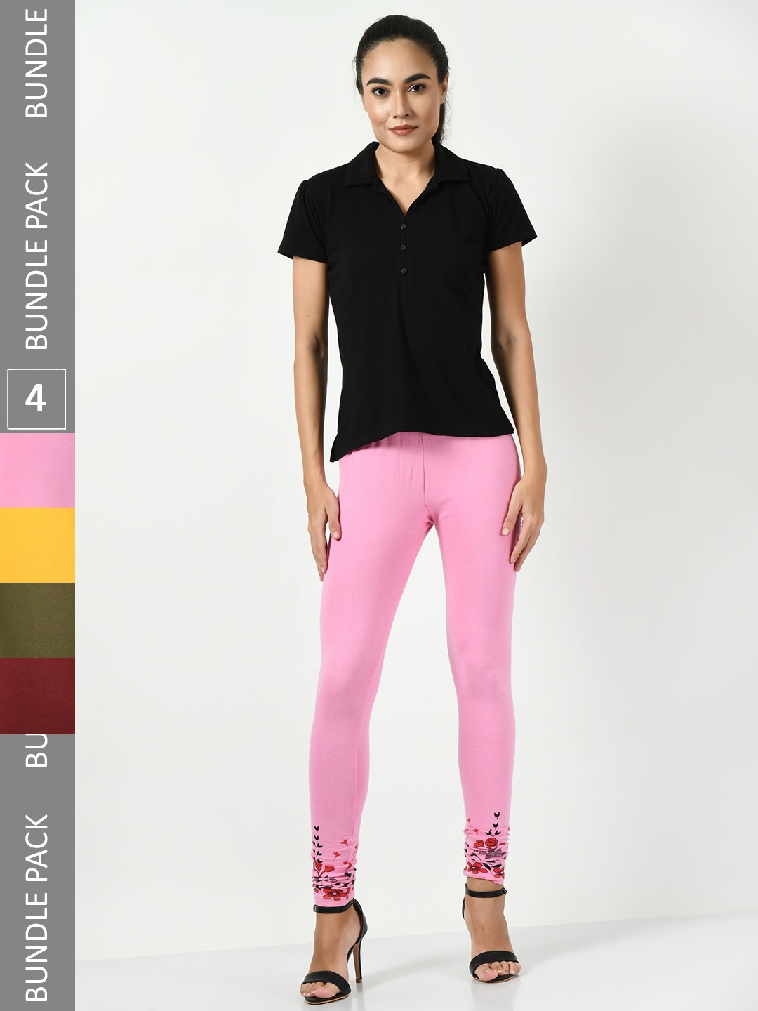 

BAESD Pack Of 4 Slim-Fit Printed Churidar-Length Cotton Lycra Leggings, Rose