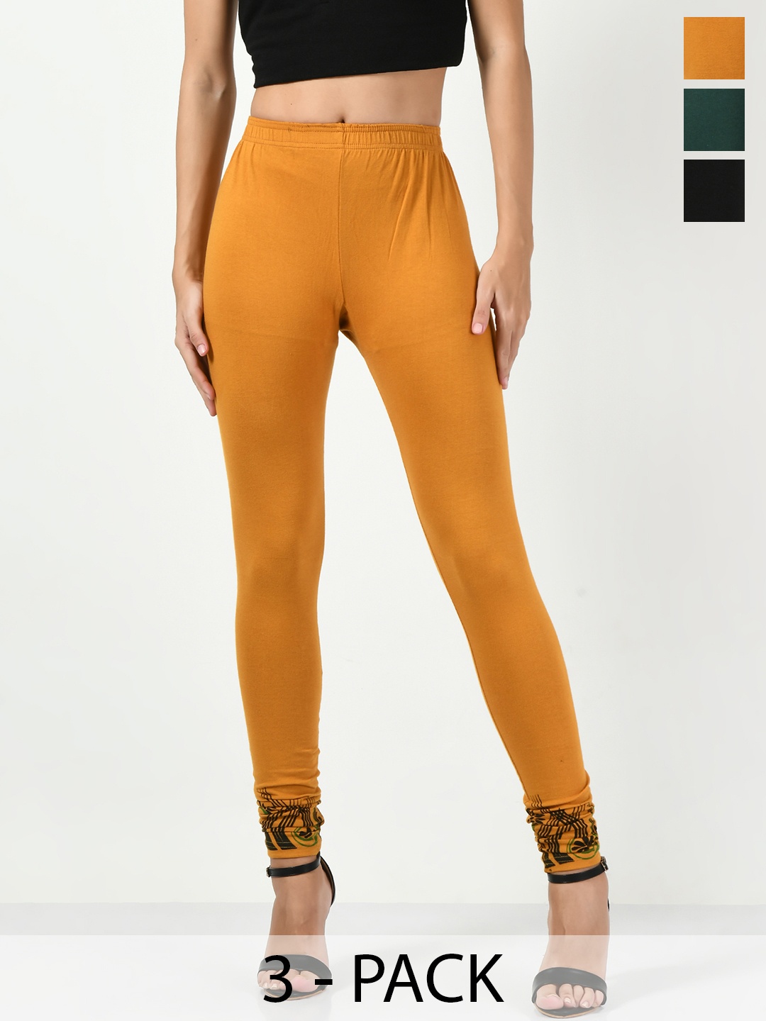 

BAESD Pack Of 3 Churidar Length Soft Cotton Lycra Leggings, Mustard