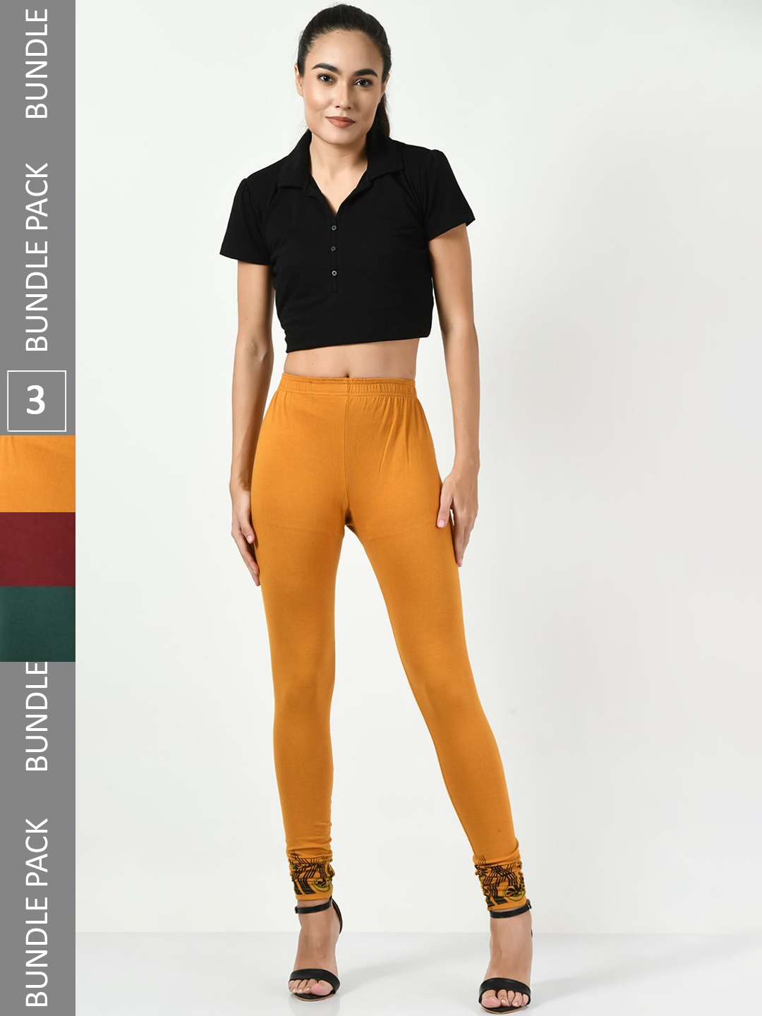 

BAESD Pack Of 3 Printed Churidar-length Leggings, Mustard