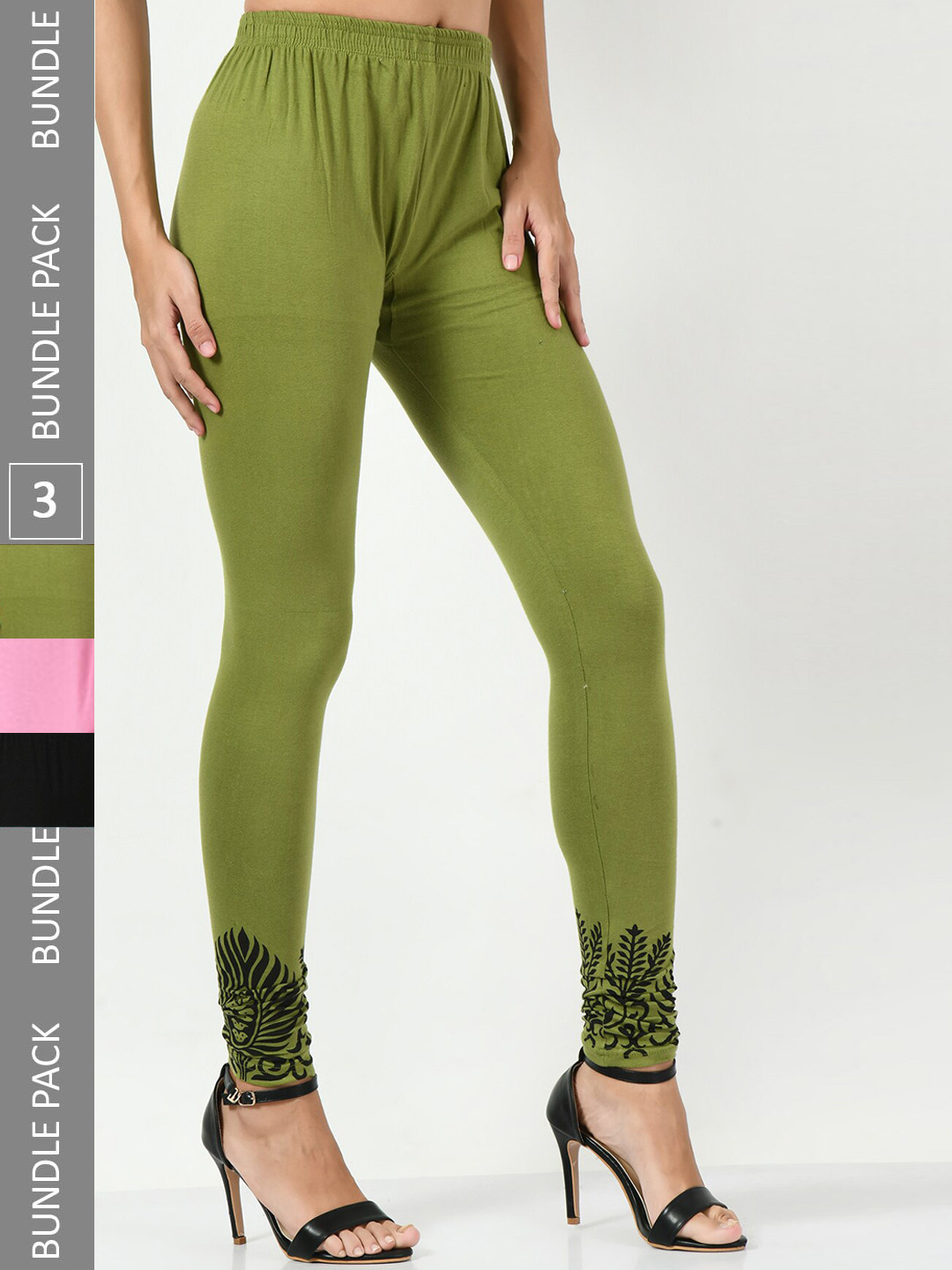 

BAESD Pack Of 3 Floral Printed Detail Churidar-length Cotton Leggings, Green