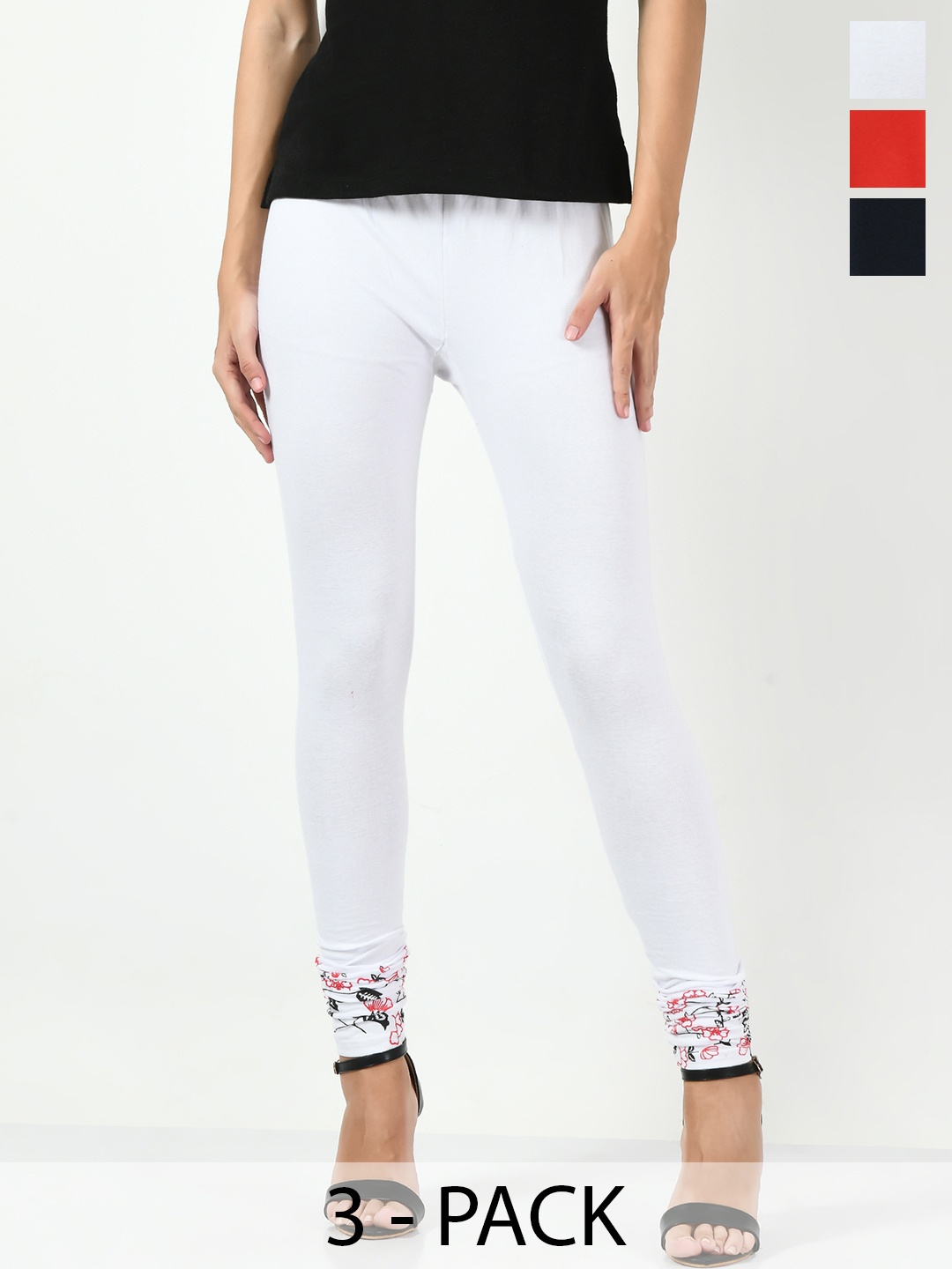 

BAESD Pack Of 3 Churidar-Length Printed Cotton Lycra Leggings, White