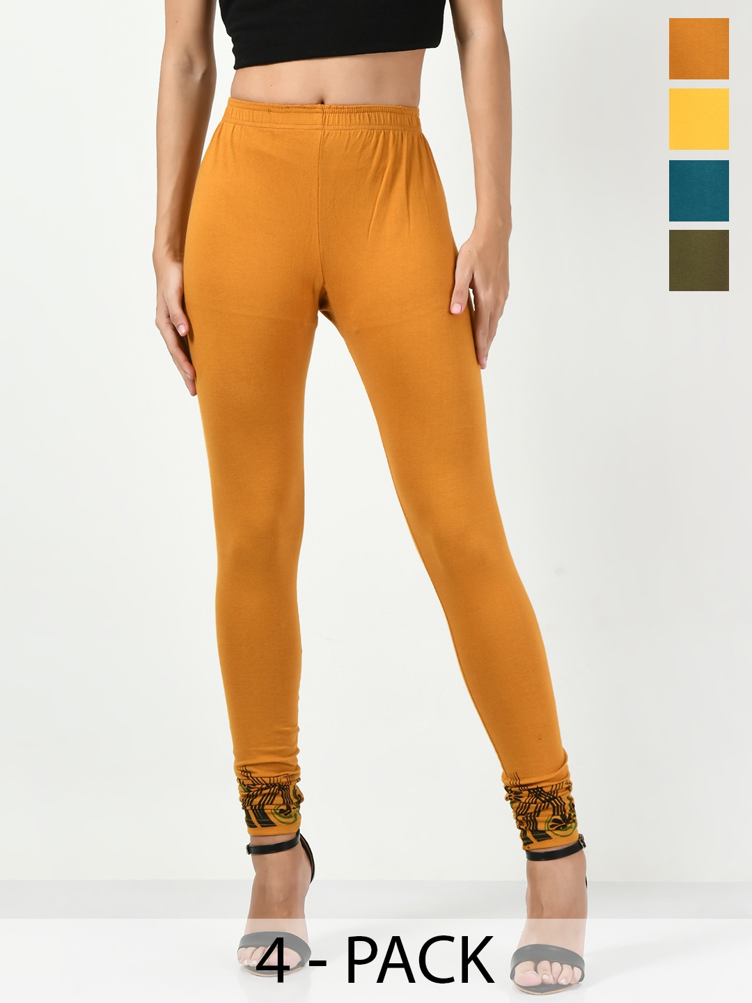 

BAESD Pack Of 4 Printed Detail Churidar-length Leggings, Yellow