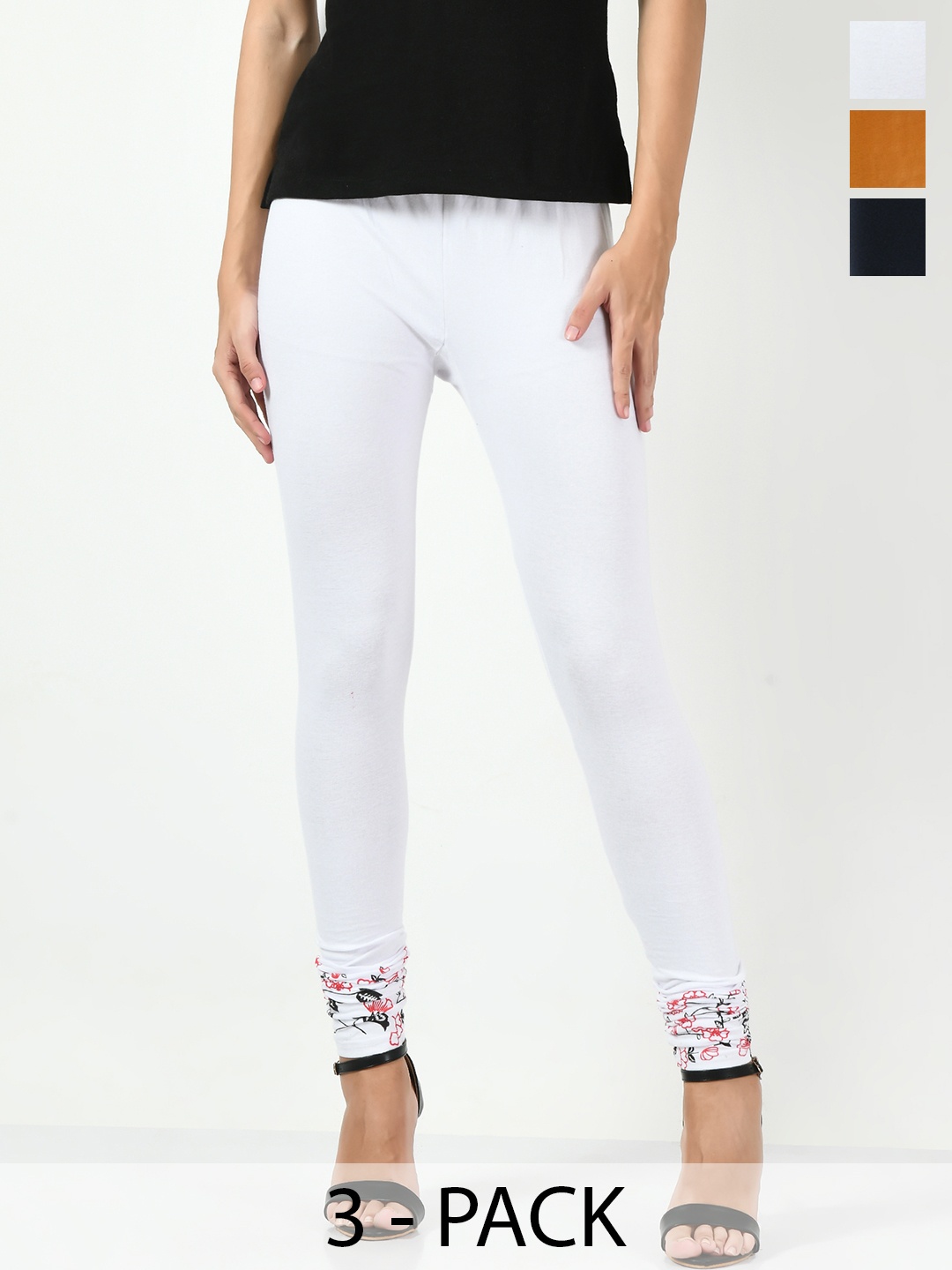 

BAESD Pack Of 3 Printed Churidar-Length Leggings, White