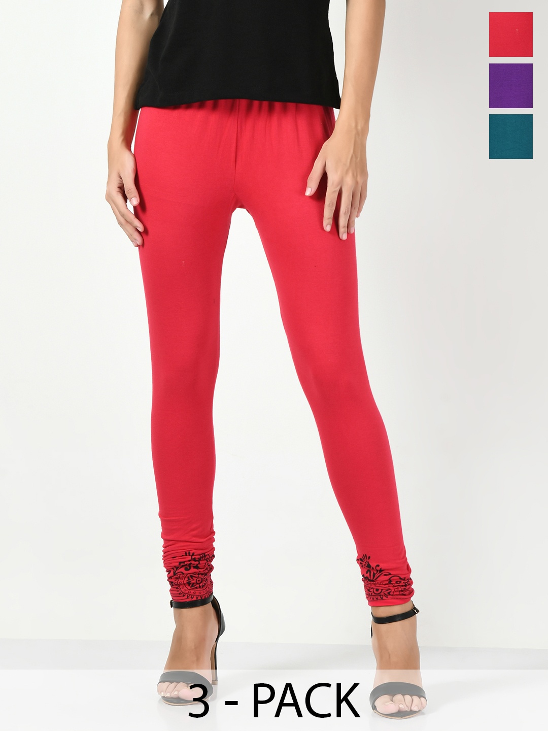 

BAESD Pack Of 3 Printed Churidar-Length Leggings, Fuchsia