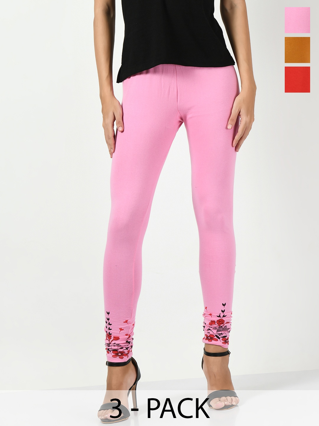 

BAESD Pack Of 3 Printed Slim-Fit Cotton Lycra Ankle Length Leggings, Rose