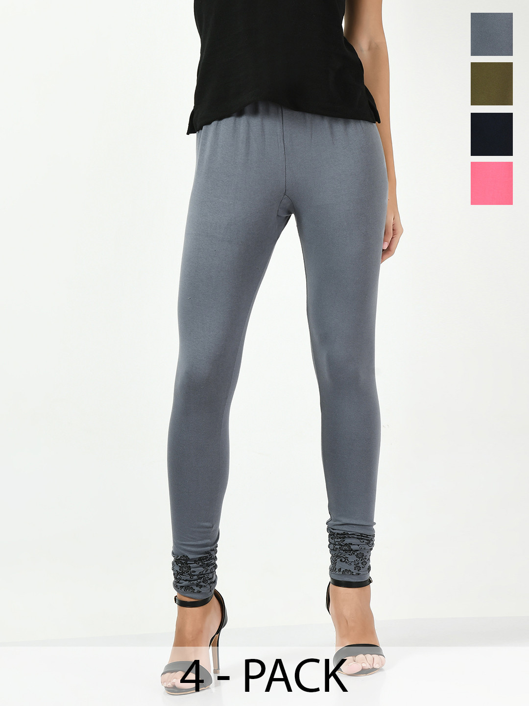 

BAESD Pack Of 4 Bottom Printed Churidar Length Leggings, Grey