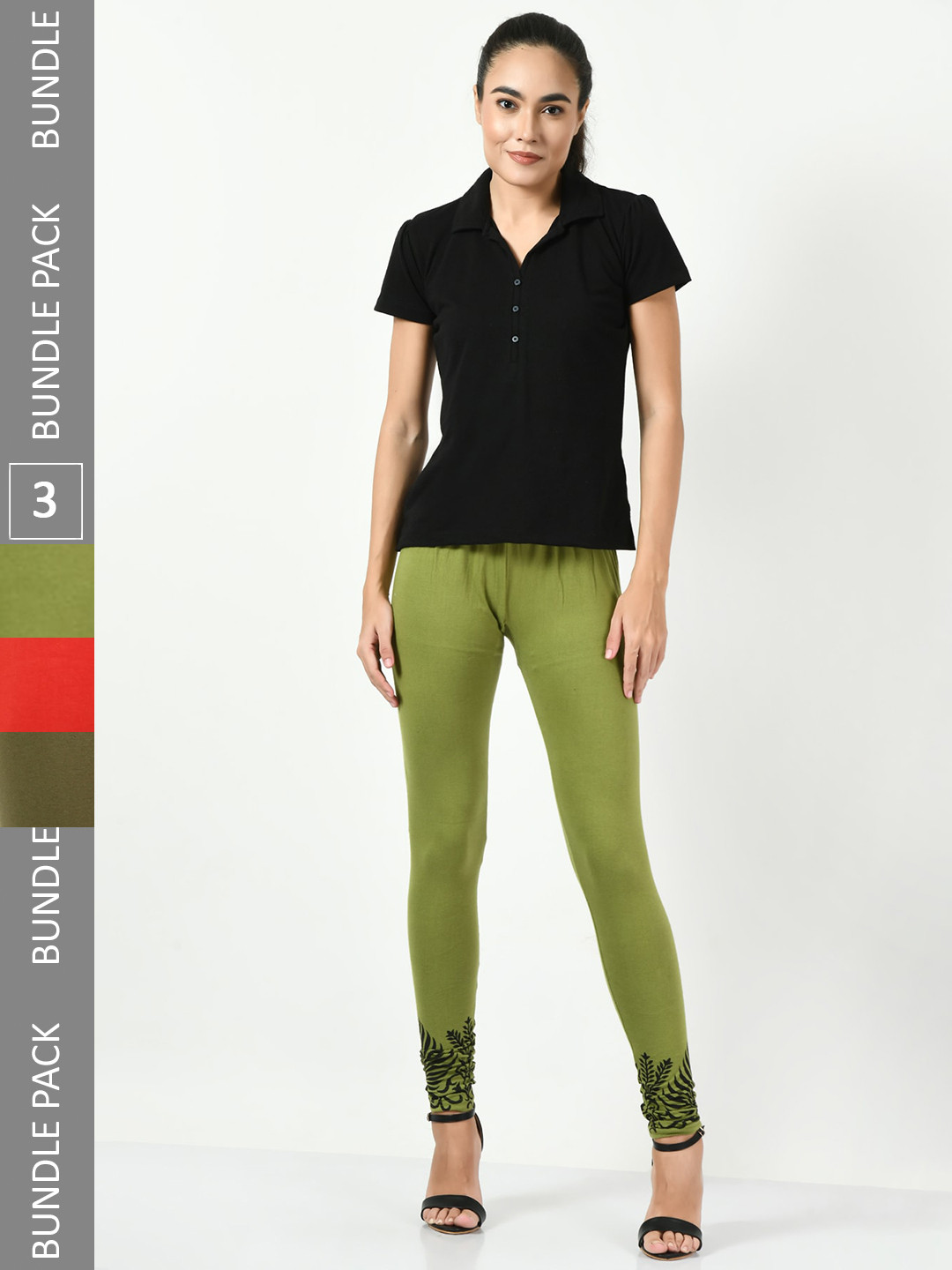 

BAESD Pack Of 3 Printed Ankle Length Cotton Lycra Leggings, Olive