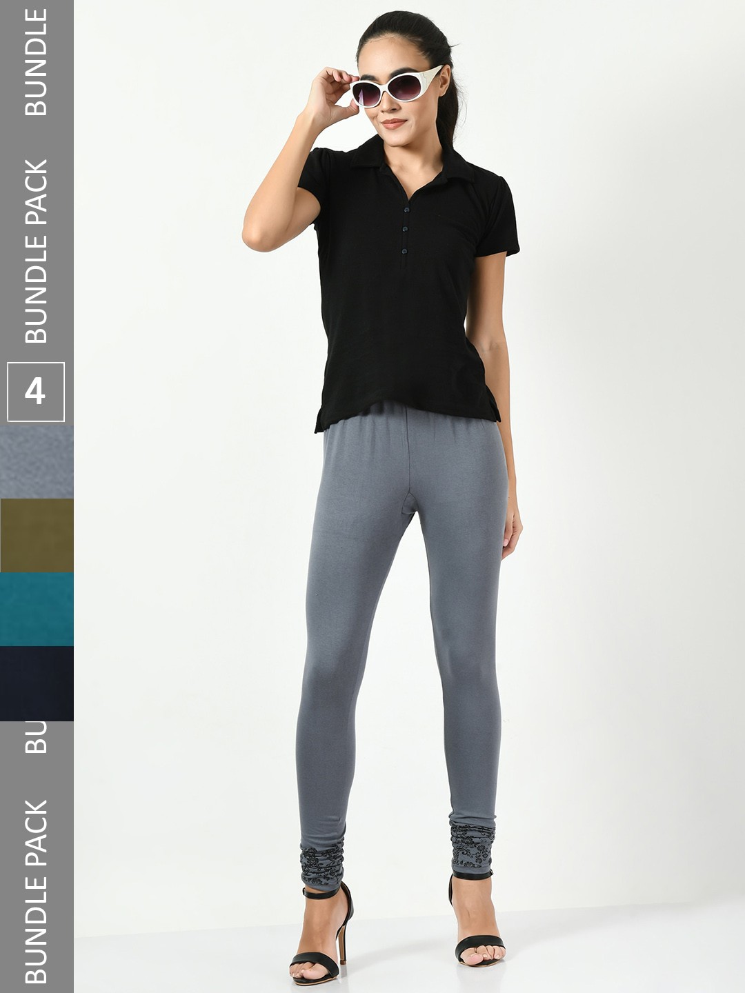 

BAESD Pack Of 4 Slim-Fit Printed Churidar-Length Cotton Lycra Leggings, Grey