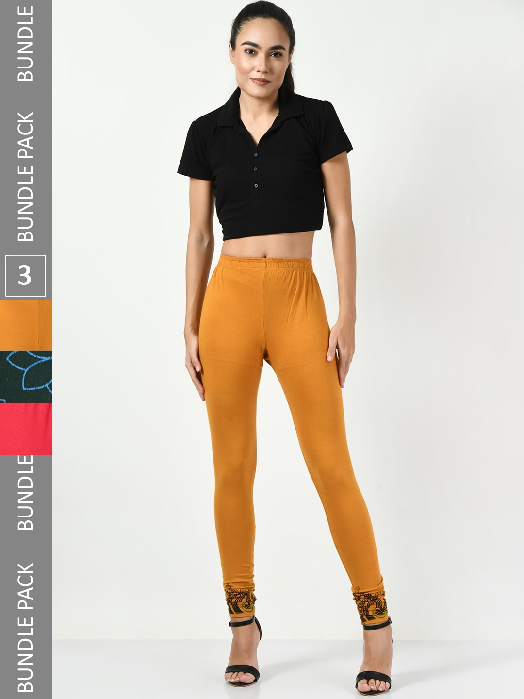 

BAESD Pack Of 3 Printed Slim-Fit Churidar Length Leggings, Mustard