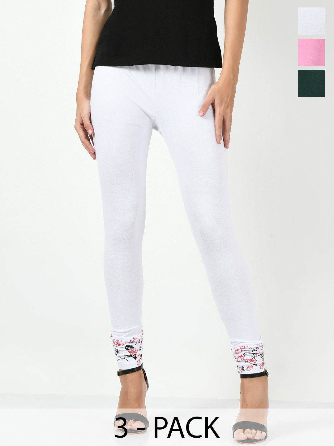 

BAESD Pack Of 3 Printed Slim-Fit Churidar-length Leggings, White