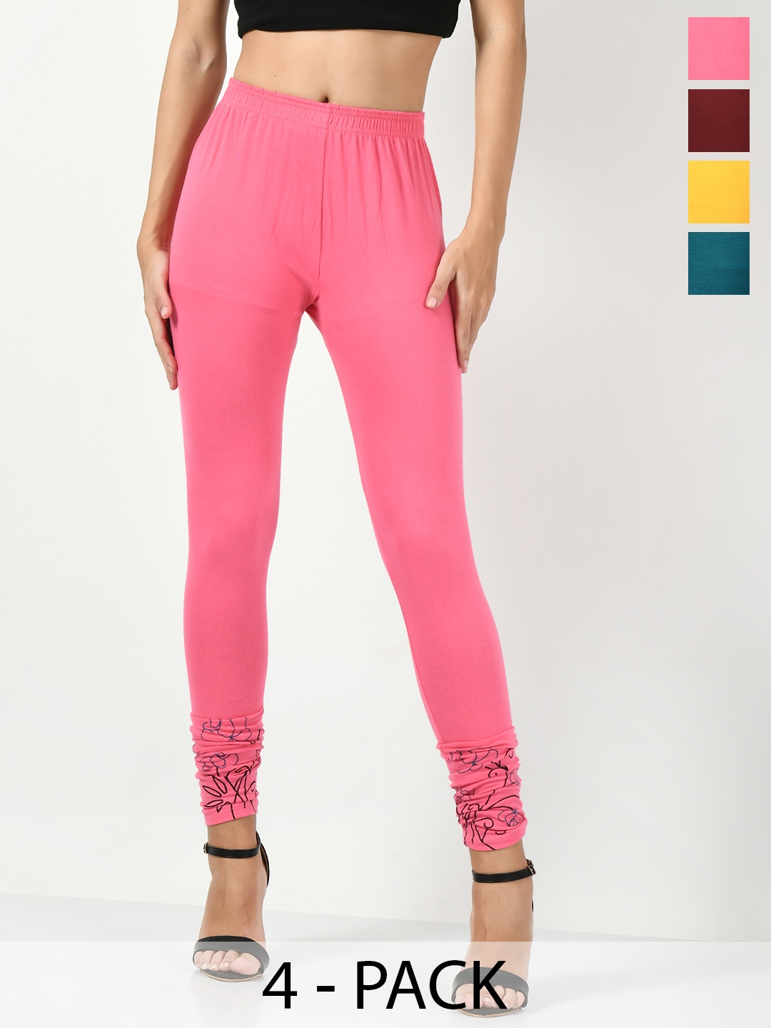 

BAESD Pack Of 4 Printed Slim Fit Churidar-length Leggings, Yellow