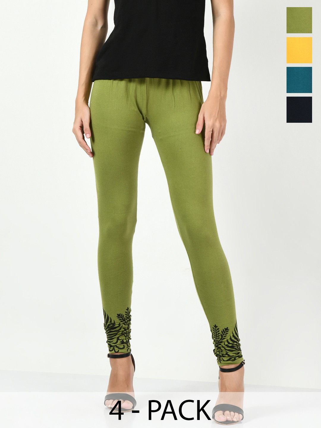 

BAESD Pack Of 4 Printed Detail Churidar-length Leggings, Yellow