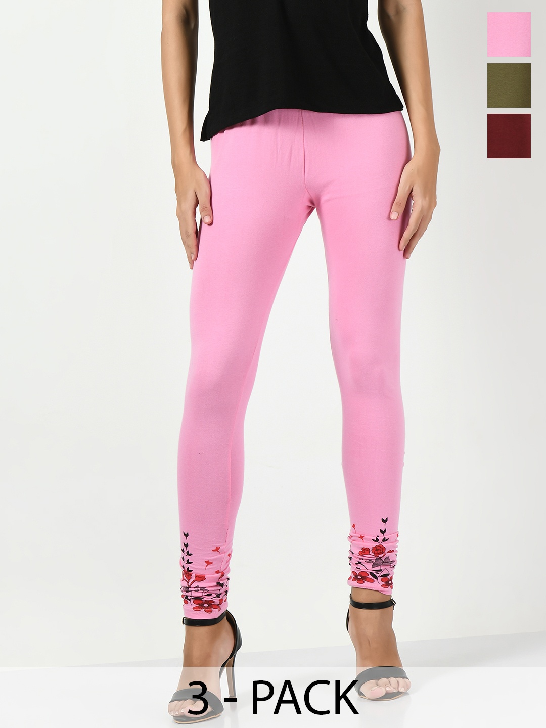 

BAESD Pack Of 3 Printed Detail Churidar-length Cotton Lycra Leggings, Rose