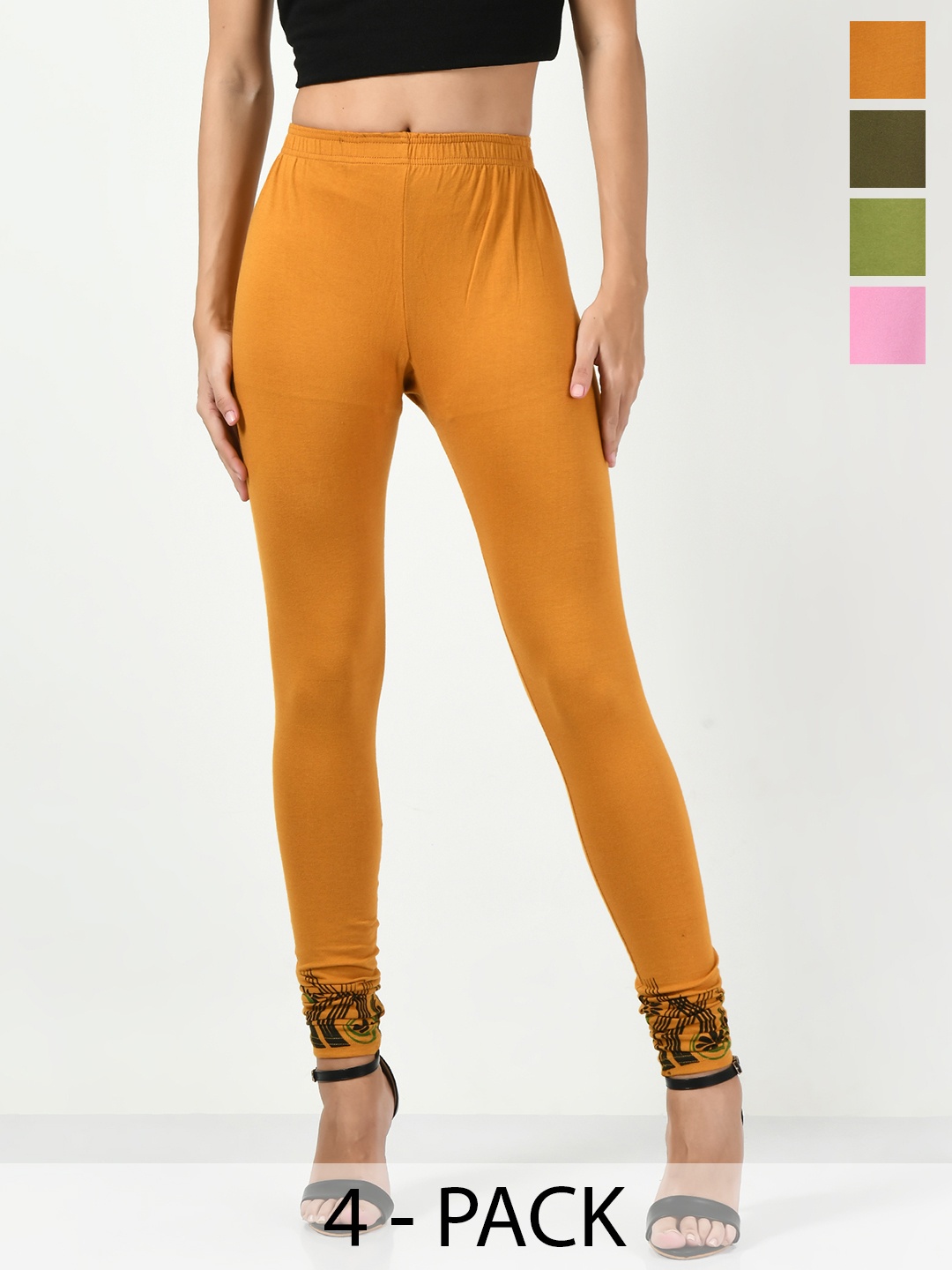 

BAESD Pack Of 4 Printed Cotton Lycra Churidar-Length Leggings, Mustard