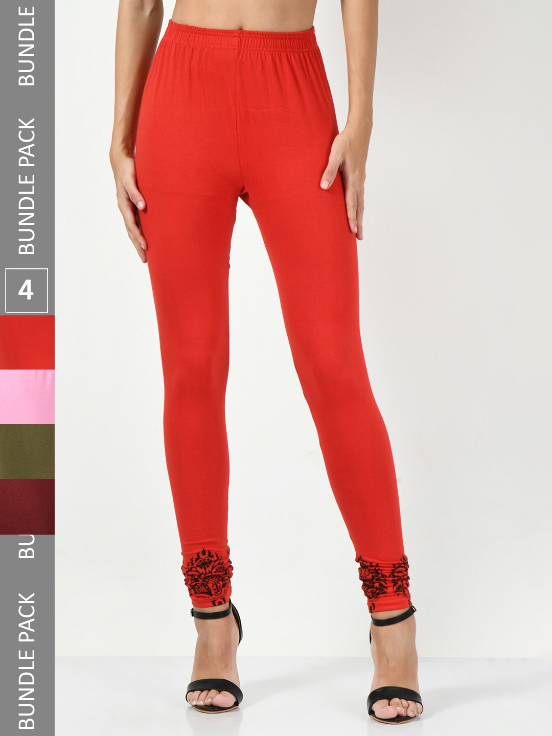 

BAESD Pack Of 4 Printed Detail Soft & Comfortable Churidar-length Cotton Lycra Leggings, Rose