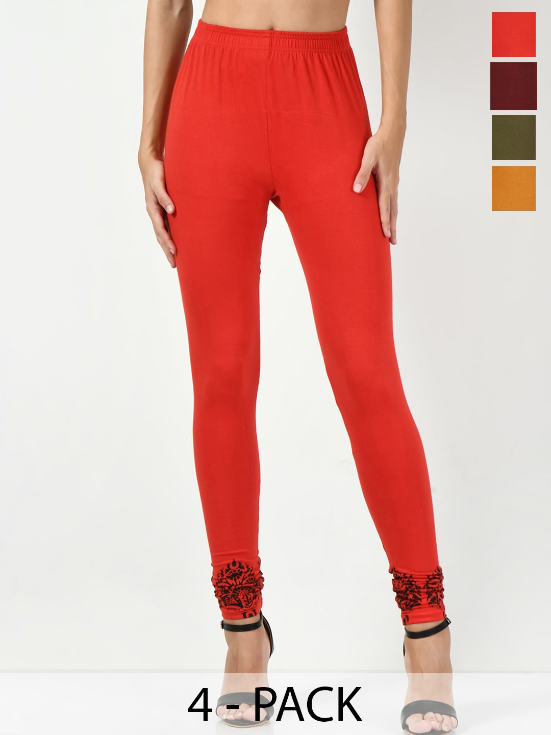 

BAESD Pack Of 4 Slim-Fit Churidar Length Leggings, Red