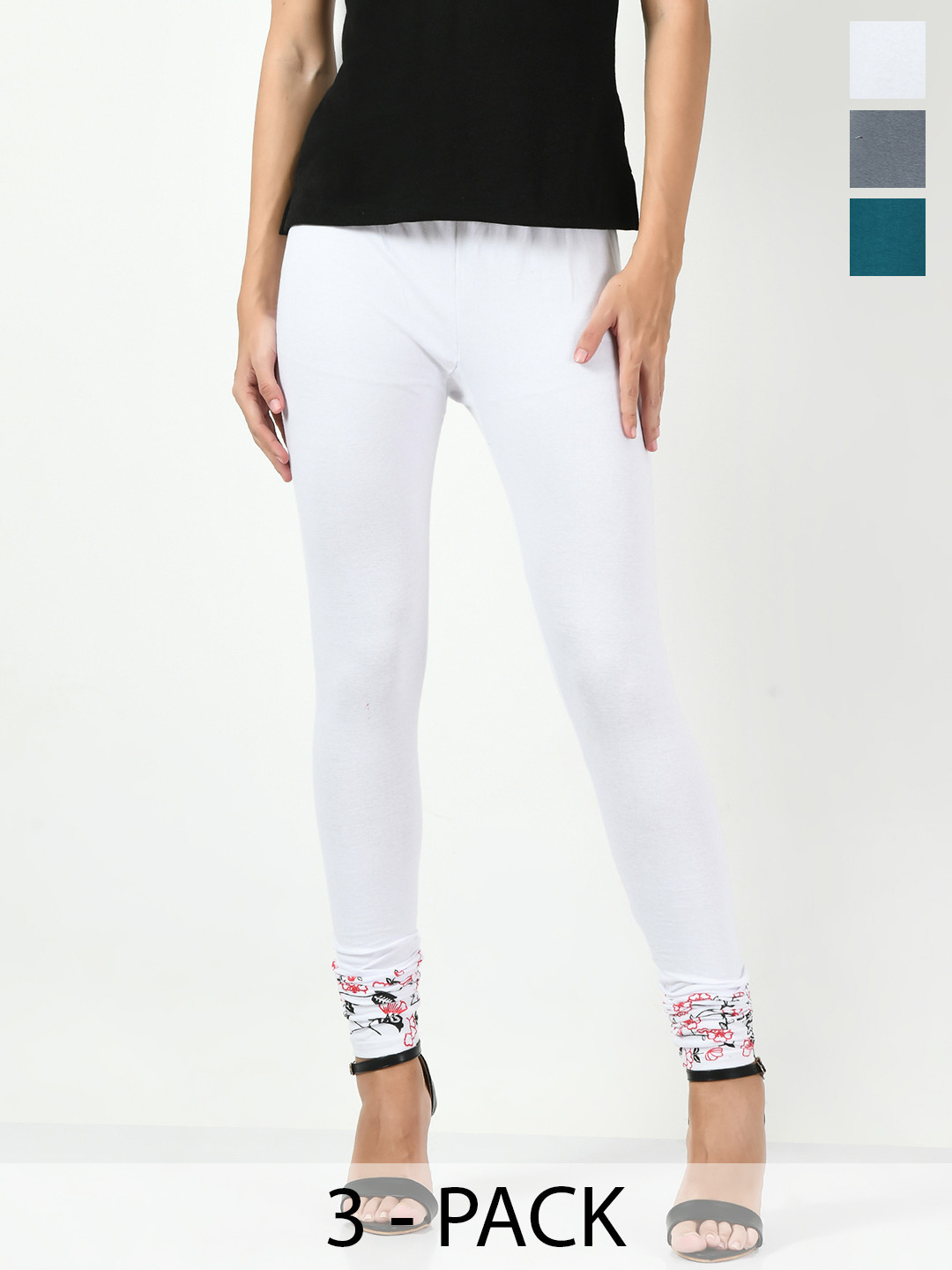 

BAESD Pack Of 3 Printed Churidar length Leggings, White