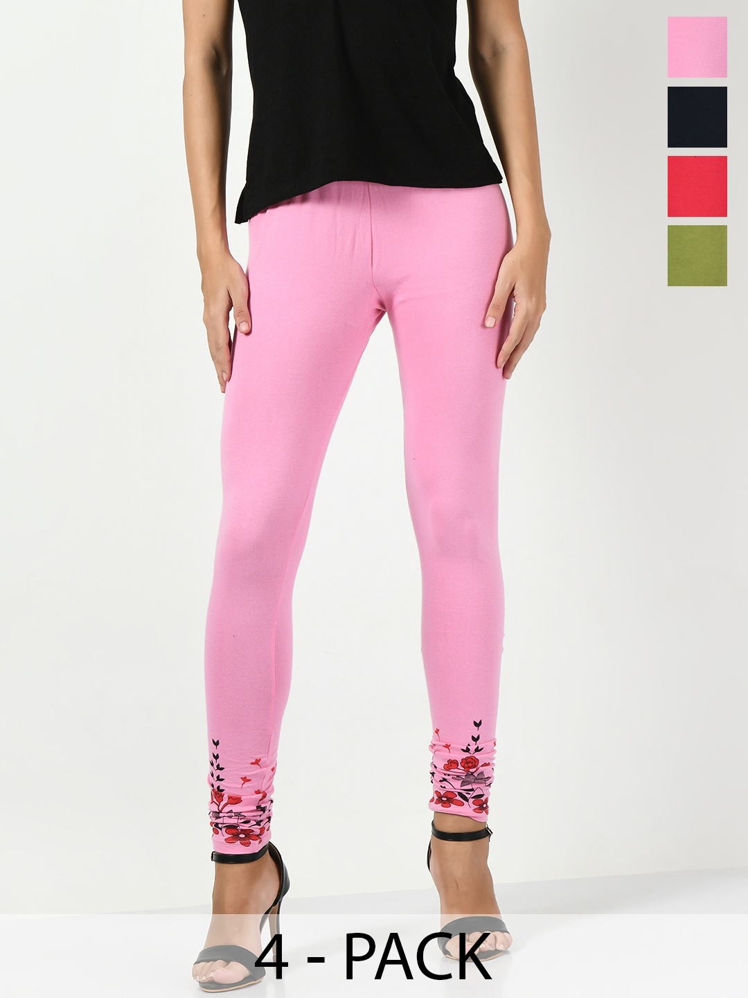 

BAESD Pack Of 4 Churidar Length Soft Cotton Lycra Leggings, Pink
