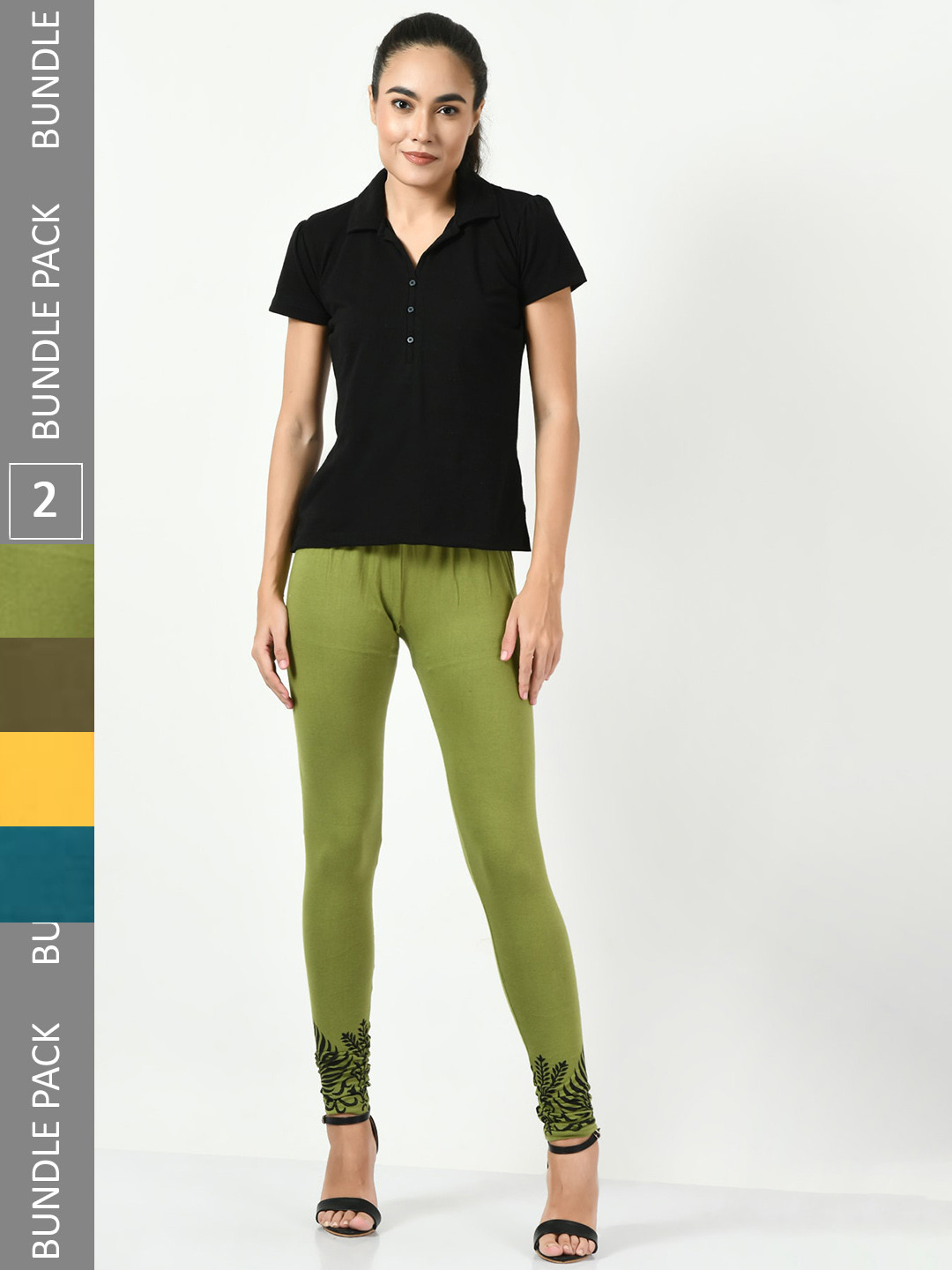 

BAESD Pack Of 4 Bottom Printed Slim-Fit Cotton Lycra Churidar Length Leggings, Olive