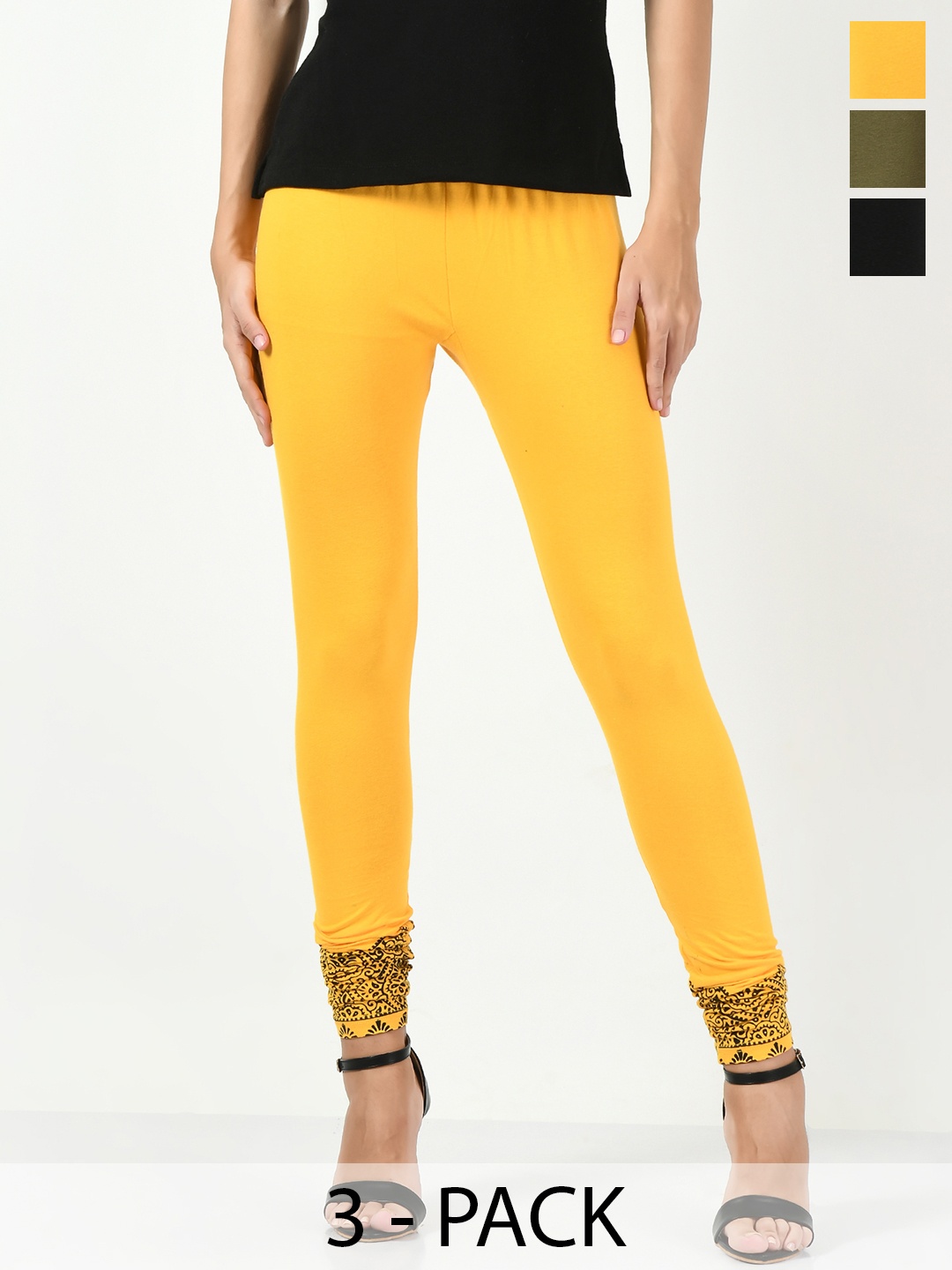 

BAESD Pack Of 3 Churidar Length Soft Cotton Lycra Leggings, Yellow
