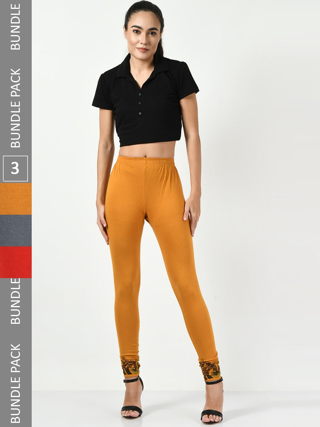 

BAESD Pack Of 3 Bottom Printed Churidar Length Leggings, Mustard